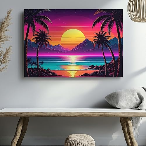 Miniatura 2 de Gifitto - Neon Sunset Synthwave Ocean Canvas, Fantasy Wall Art, Mythical Creatures Home Decorations, Enchanted Realm Artwork Print, Magic Painting,