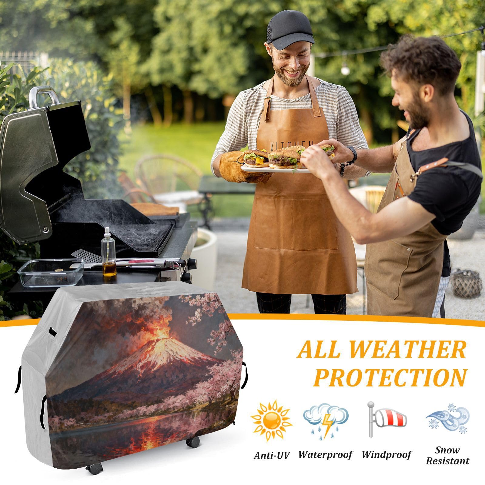Mount Fuji Erupting BBQ Grill gazowy pokrowiec 158 cm wodoodporny wytrzymały odporny na rozdarcie odporny na blaknięcie materiał pokrowiec na grilla z regulowanym sznurkiem dla kurzu i wiatru