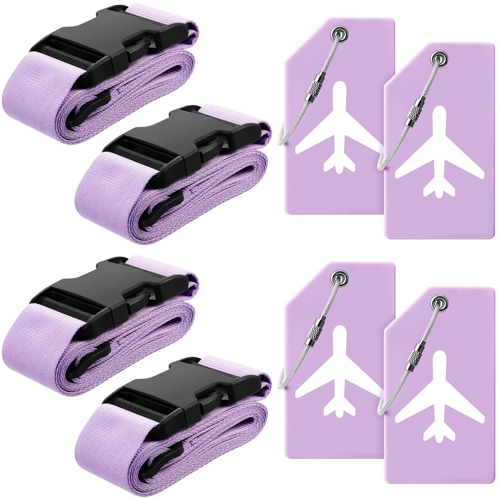 Weewooday 8 Pcs Luggage Straps Tag Set, Light Purple, Airplane | 4 Travel Adjustable Suitcase Belt for Tsa Approved, 4 Silicone Luggage Tags with Name Id Card Travel Accessories