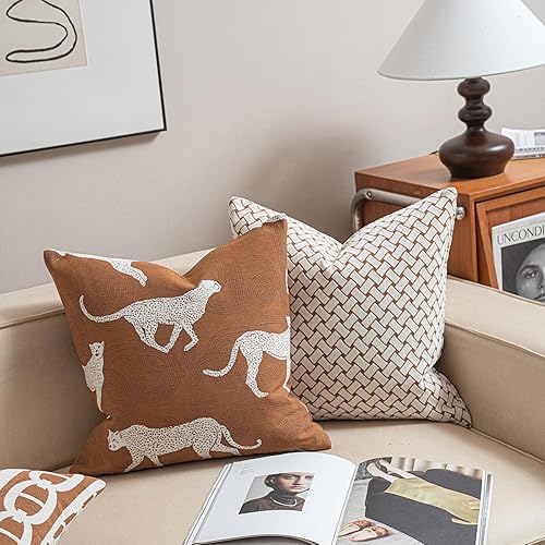 Miniatura 5 de Funda de cojín de 20 x 20 pulgadas, diseño de leopardo y guepardo de chenilla, bordado de jacquard, estilo moderno de lujo, funda de almohada para