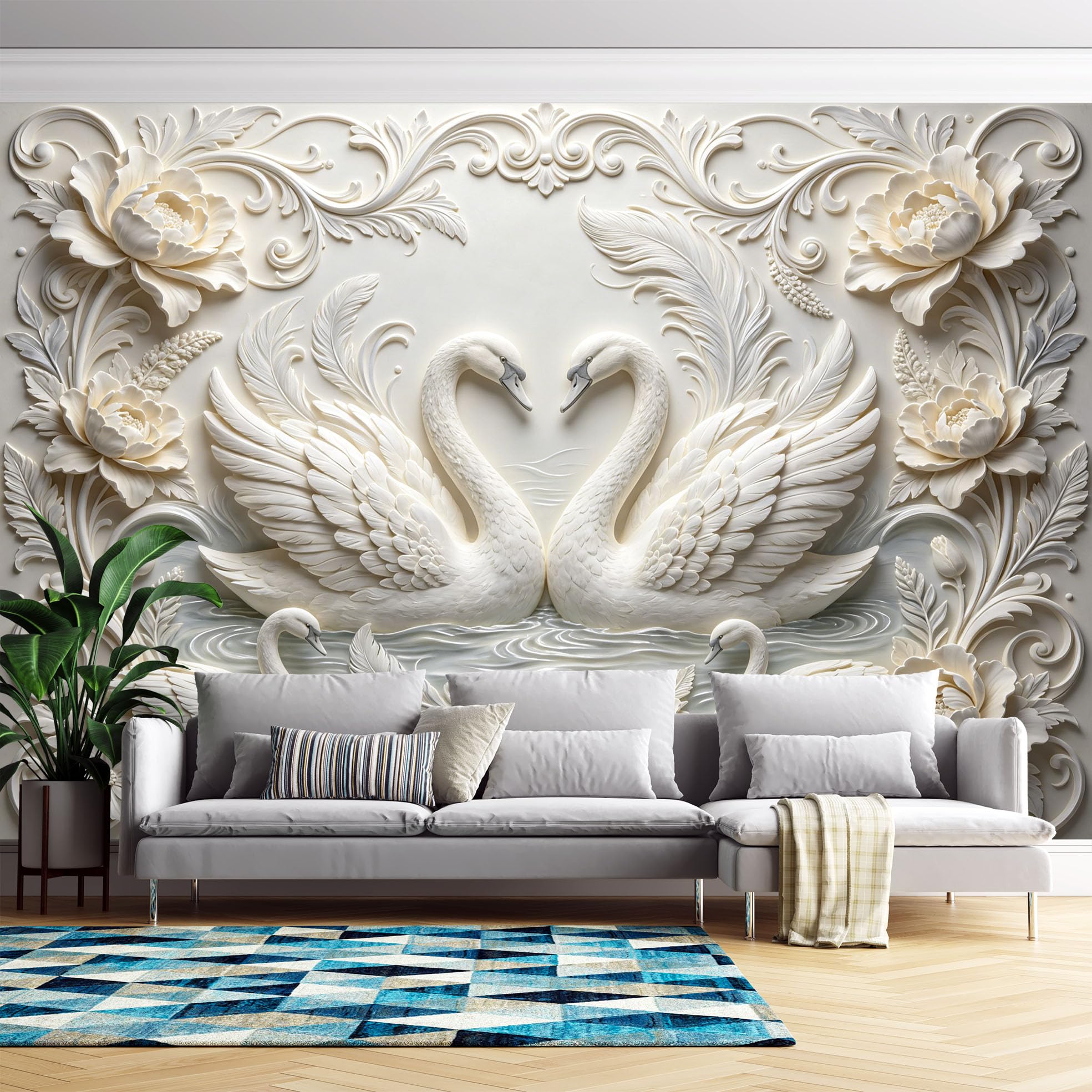 Papier peint autocollant cygne blanc 3D intissé personnalisable 300cm