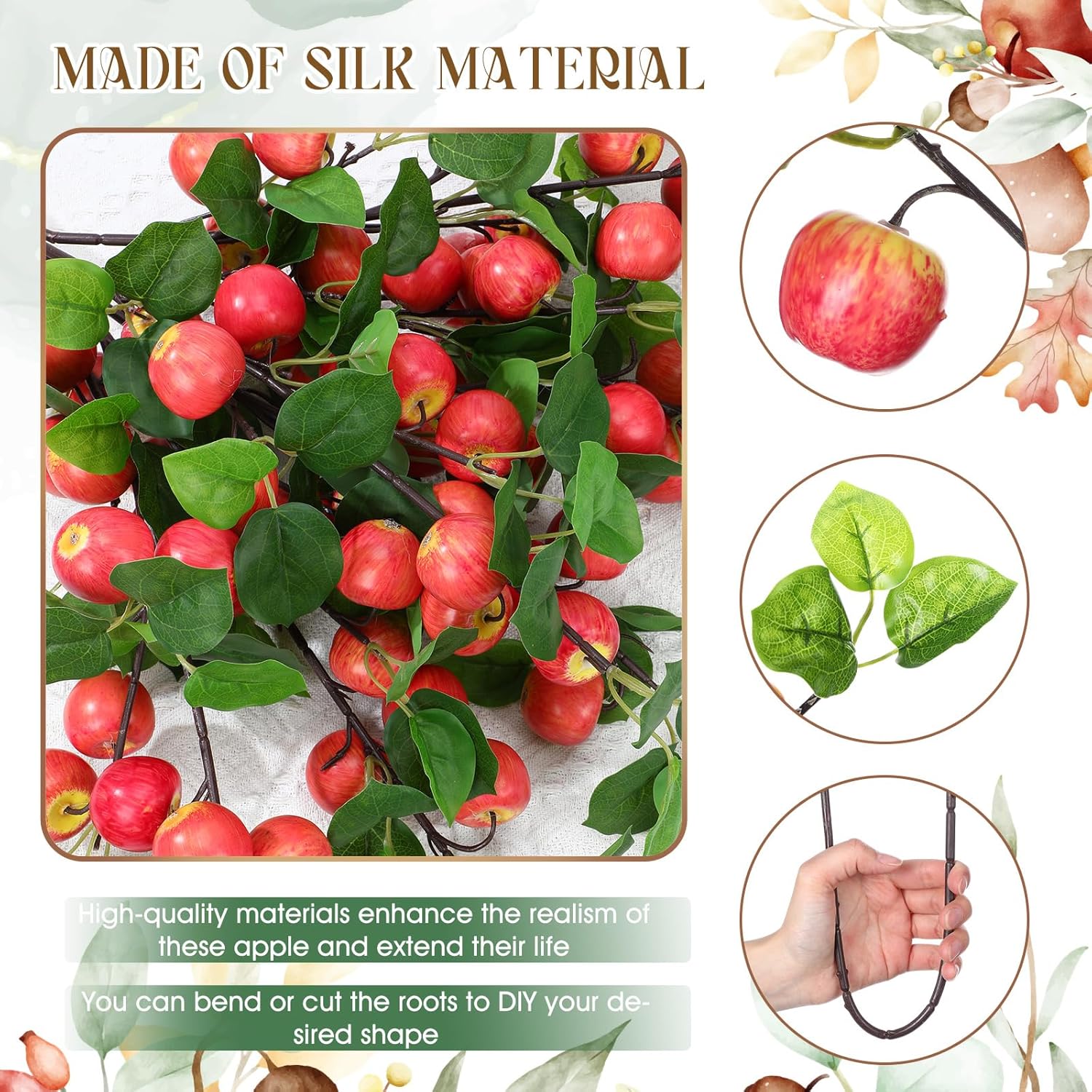6 Pcs 29.53 Inches Artificial Fake Apple Branches Realistic Tall Apple Bouquets Tree Branch with Long Stem and Green Leaves Fruit Plant for Home Office Vase Filler Shop
