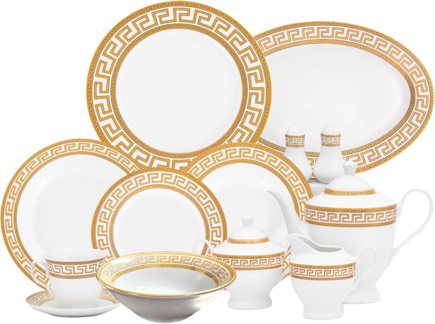 Vintage Dinnerware Set for 8-57 Piece Porcelain Dining Set - Gorgeous White and Gold Greek Key Design - Plates, Bowls, Cups and Saucers - For Everyday Use and Special Events (Meander Gold 2057)