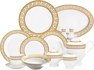Vintage Dinnerware Set for 8-57 Piece Porcelain Dining Set - Gorgeous White and Gold Greek Key Design - Plates, Bowls, Cups and Saucers - For Everyday Use and Special Events (Meander Gold 2057)