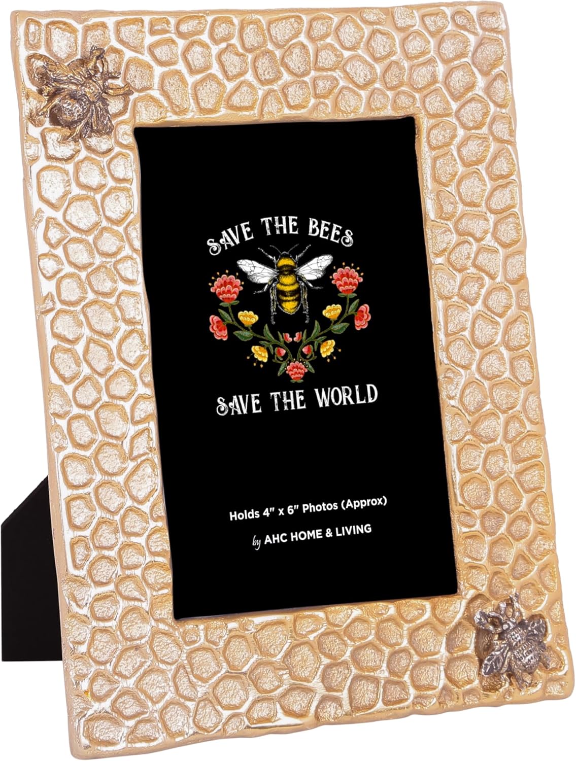 AHC HOME & LIVING Bee Picture Frame – Gold 4x6 Bumble Bee Decor, Honeycomb Metal Frame for Tabletop & Wall Display, Perfect Bee Lover Gift