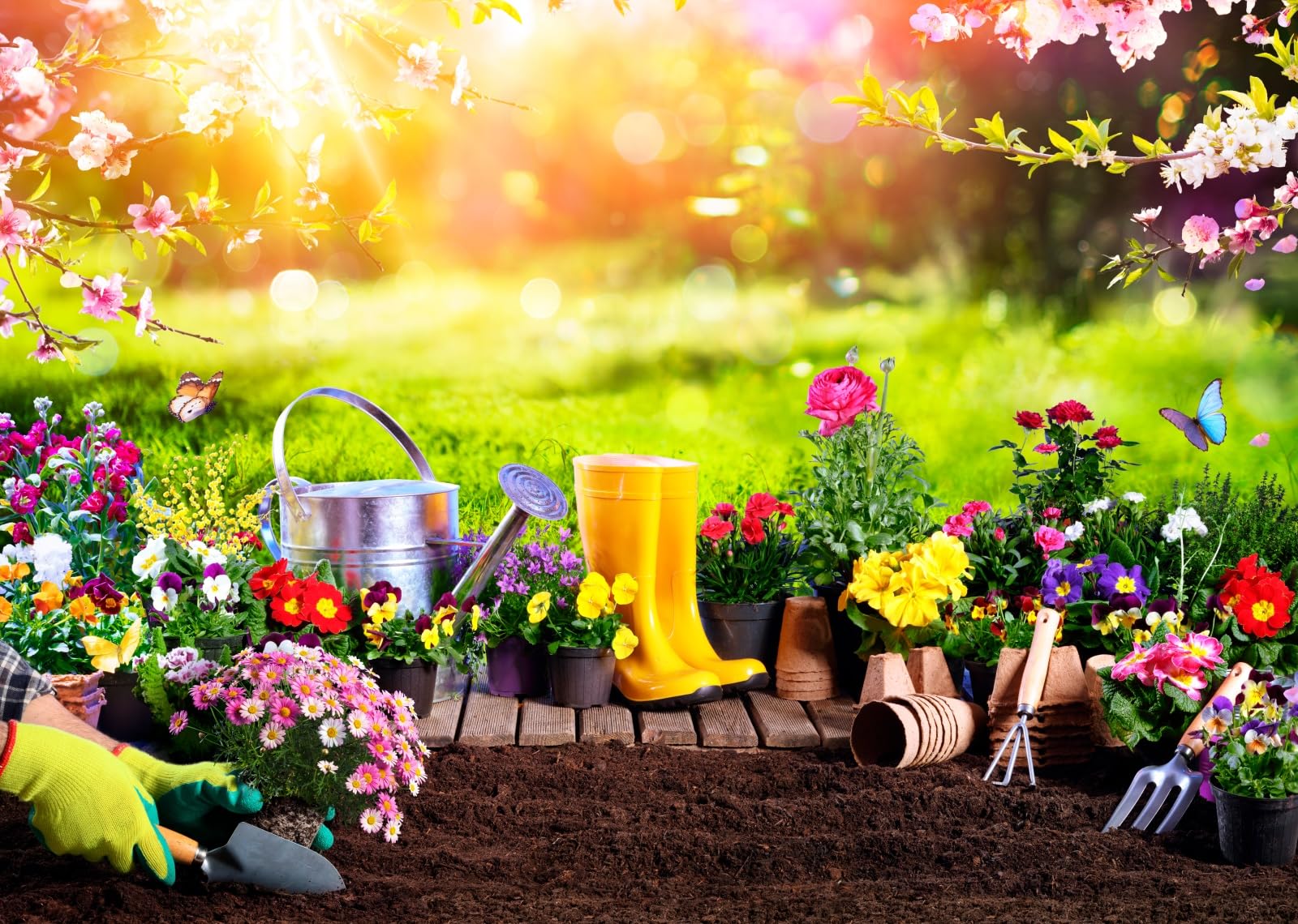 BELECO 3x2.5m Ostern Frühlingsgarten Hintergrund, blühende Pflanzen Gartengeräte Hofszene, Baby Kleinkind Ostern Festporträt Studio Fotobooth Zubehör