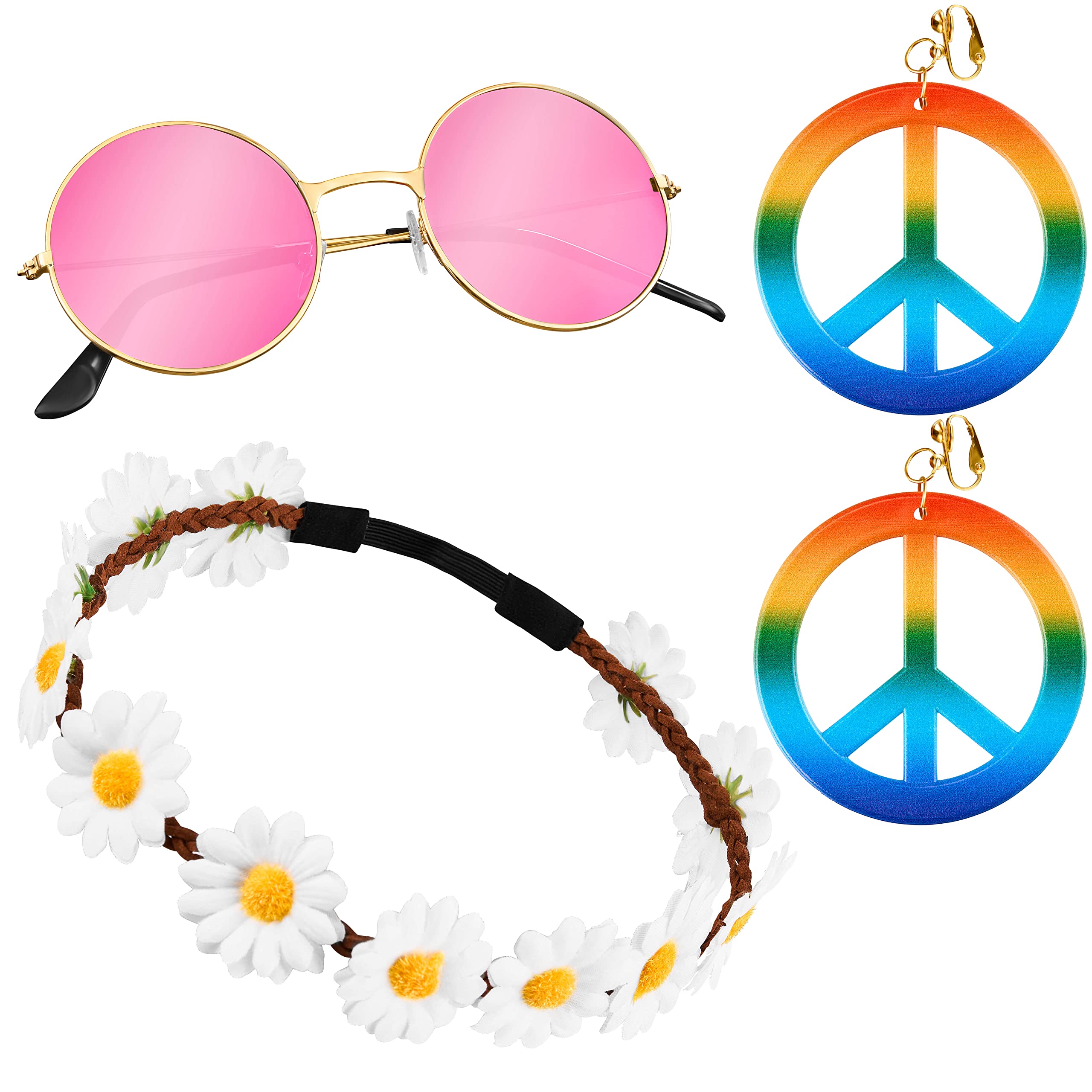3-Piece Hippie Set with Flower Headband | Round Nickel Sunglasses with Pink Lenses | Rainbow Peace Earrings