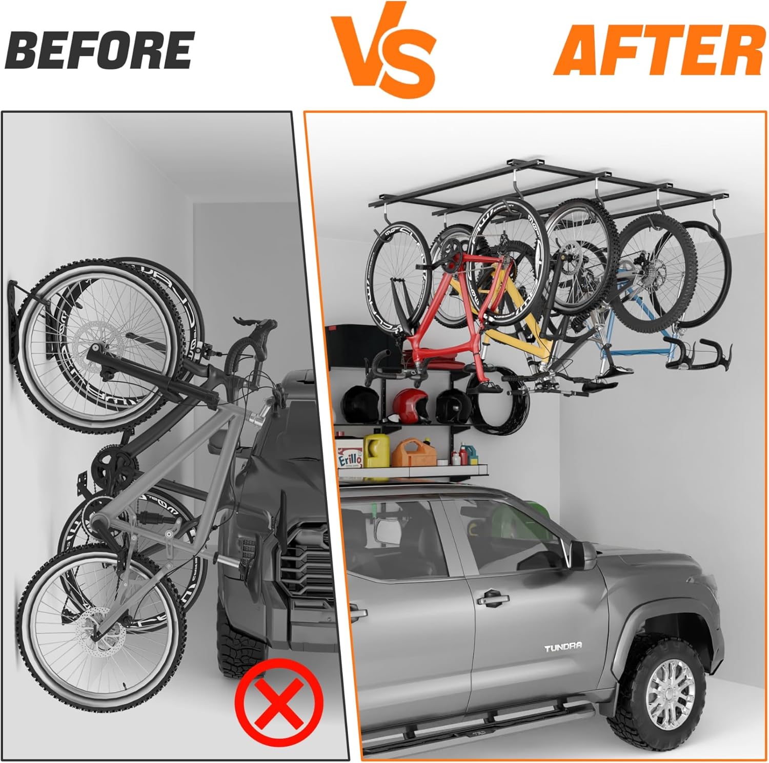TORACK Ceiling Bike Rack for Garage, Ceiling-Mounted Bicycle Storage Hooks for 4 Bikes (Horizontal) or 8 Bikes (Vertical), Adjustable Overhead Bicycle Hooks for Mountain, Road, and Kids' Bike
