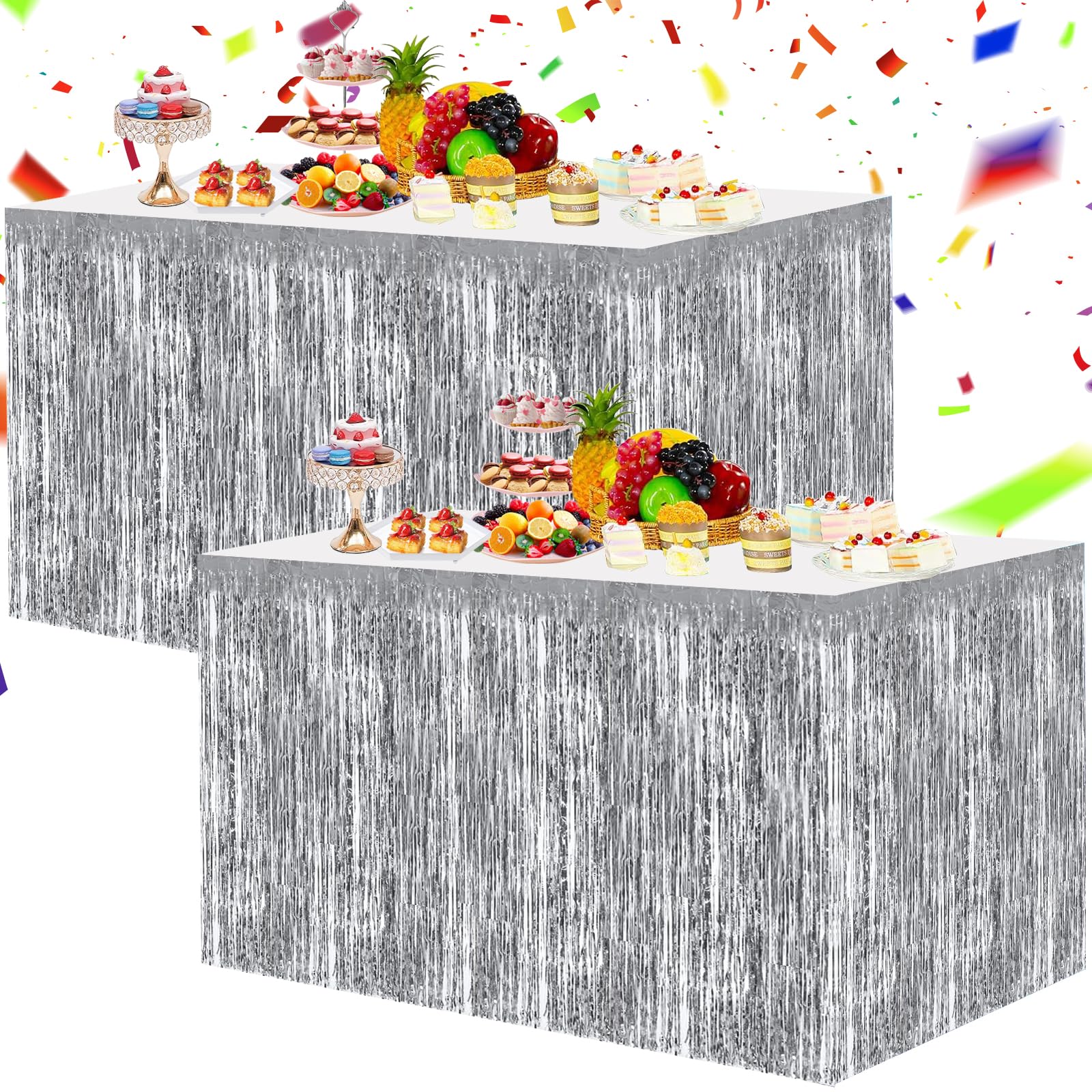 BEISHIDA 2 Pack Silver Table Skirts Party Decorations Metallic Tinsel Foil Fringe Table Skirts Decors for Birthday Holiday Winter Wedding Anniversary