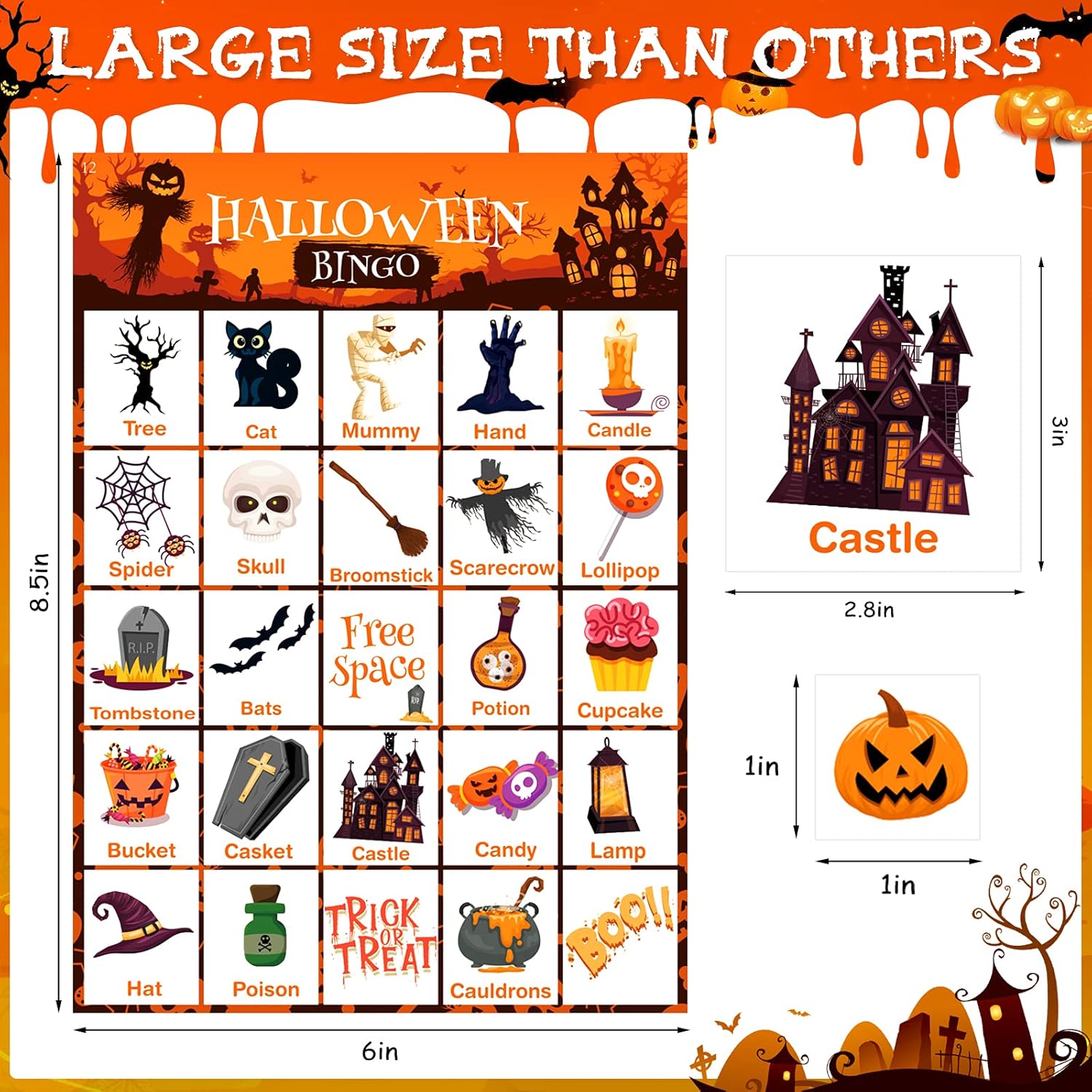 V-Opitos Large Size Halloween Bingo Game Card for Kids/Adults, 6''×8.5” - 28 Players - Halloween Games for Family/School Classroom/Large Group, Halloween Party Favor