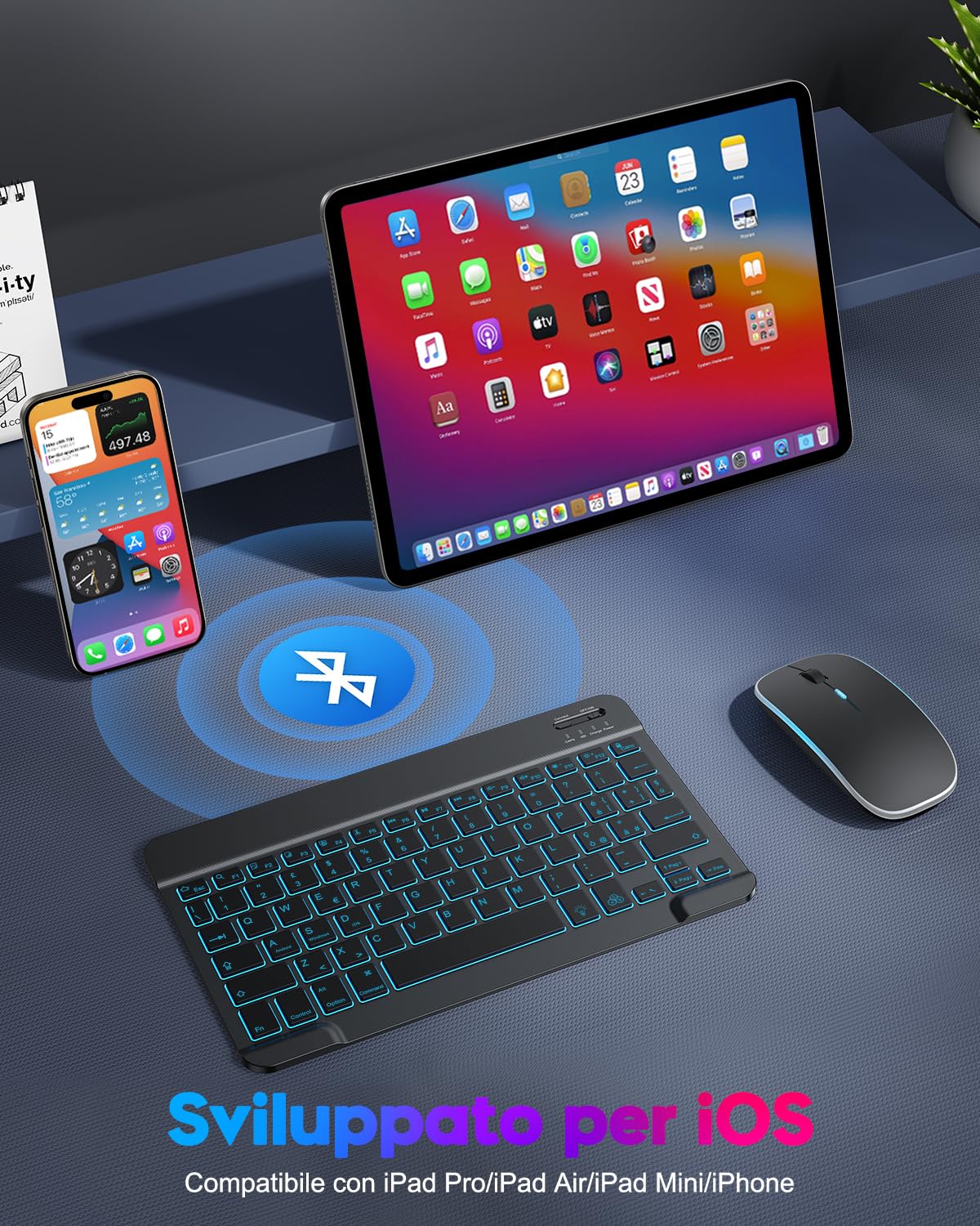 TECURS Kit Tastiera e Mouse Wireless Bluetooth per iPad Pro/Air/Mini | Retroilluminazione LED 7 Colori, Ricaricabile, Layout IT QWERTY, Ultra Sottile e Portatile, Struttura a Forbice Silenziosa