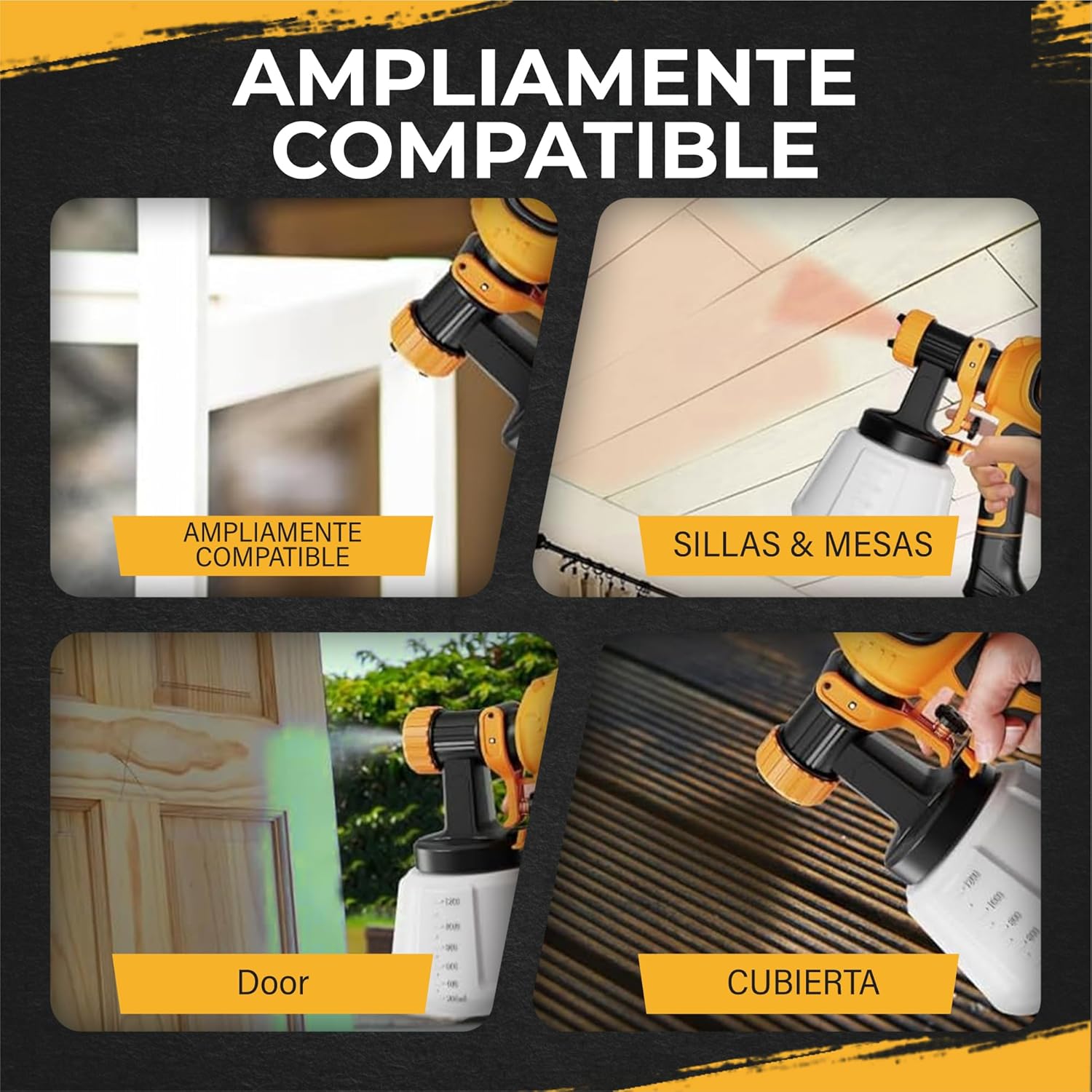 Examples of surfaces compatible with the paint sprayer, such as chairs, tables, doors, and decks