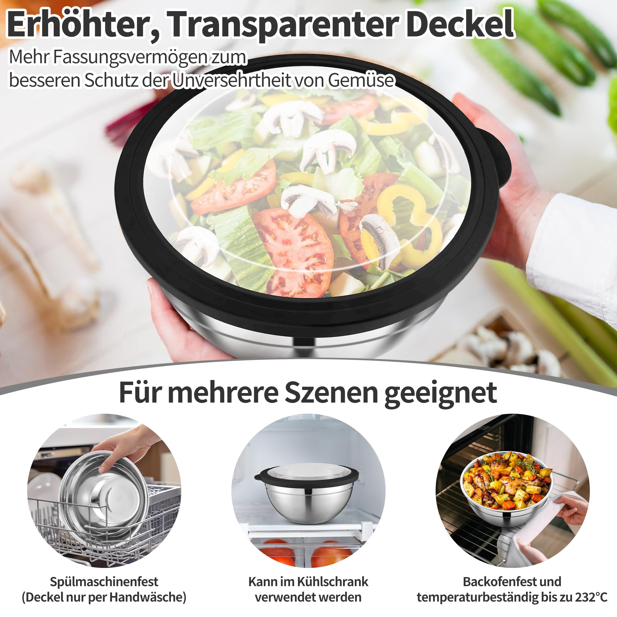 Joyfair Zestaw 6 misek do mieszania, miska ze stali nierdzewnej z przezroczystą pokrywką i 3 nakładkami do tarcia, 4,5 l/2,7 l/ 1,5 l/1,2 l/0,7 l, miska do sałaty do gotowania, pieczenia, możliwość