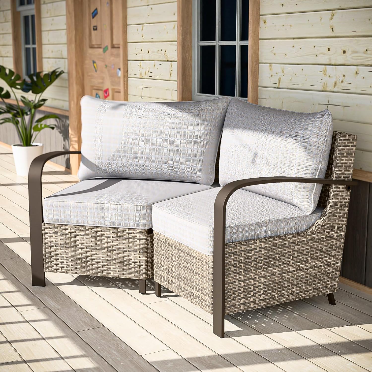COOS BAY Aurora Terrace Outdoor Wicker Sectional Curved Sofa Set, Modular Patio Seating with Cushions, 2 Piece 2 Seat Balcony Furniture Set, Beige/Beige