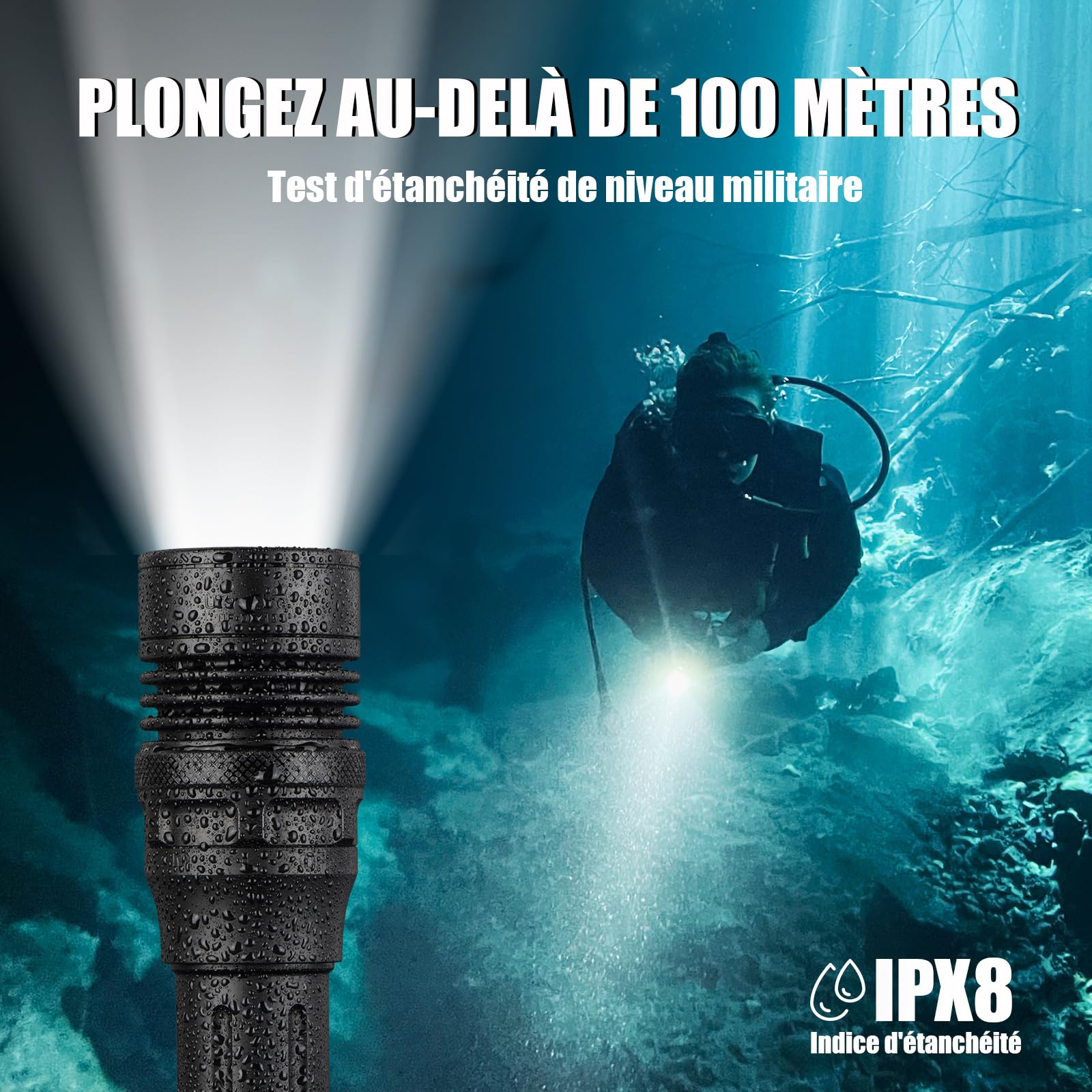 ULTRAFIRE UF-DIV13S Lampe torche de plongée rechargeable 3 350 lumens avec interrupteur rotatif magnétique, étanche IPX8 avec support de poignet