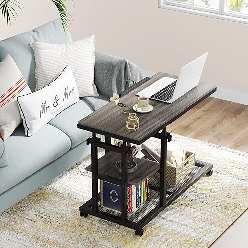 Miniatura 10 de Tribesigns Mesa C de altura ajustable con ruedas, mesa auxiliar móvil para aperitivos con tablero de dibujo inclinable, soporte para sofá, mesita de