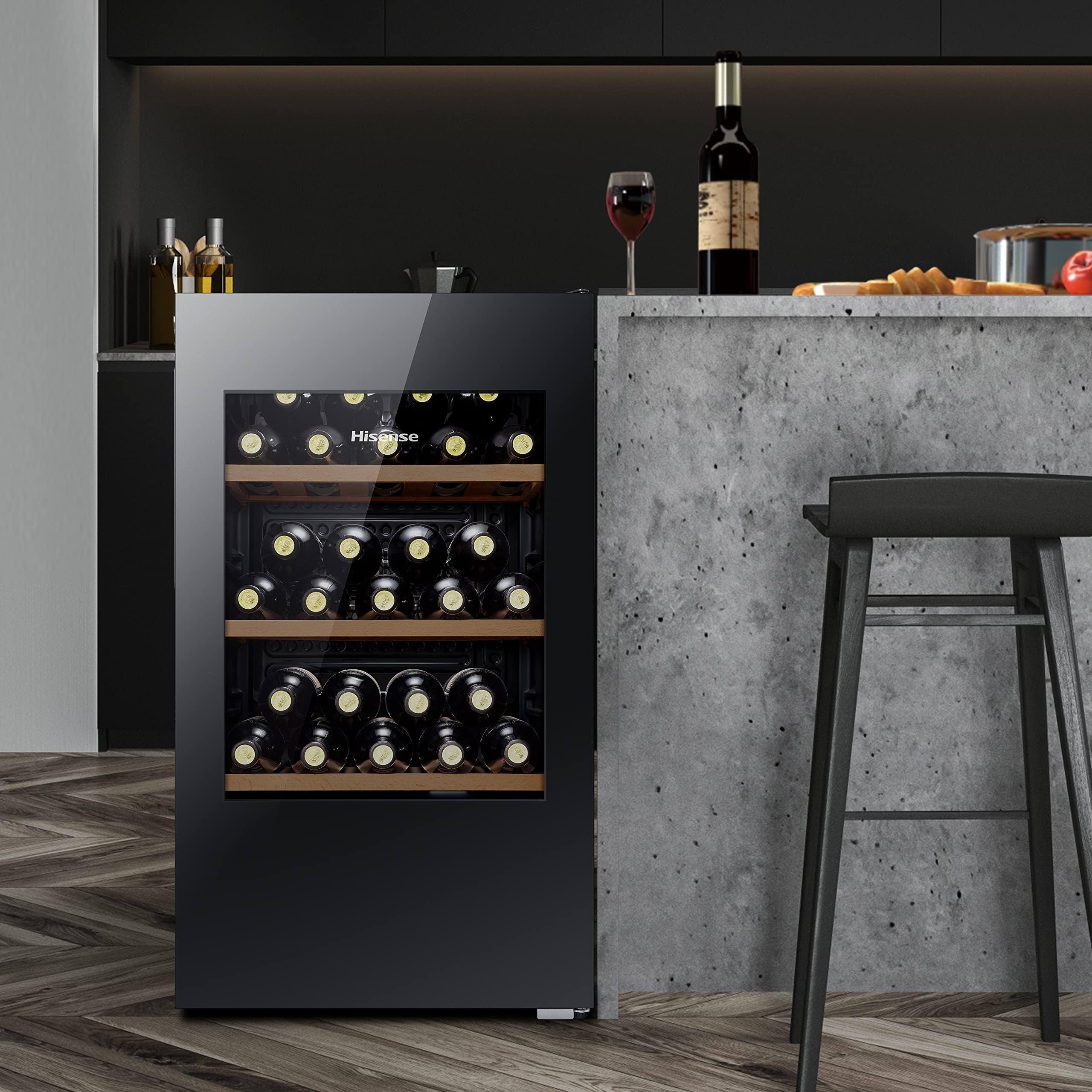 Hisense MWC4894GF - Bodega de Vino de 30 Botellas, monotemperatura, Vidrio Anti-UV, estantes de Madera, Pantalla táctil, iluminación LED, año 2023