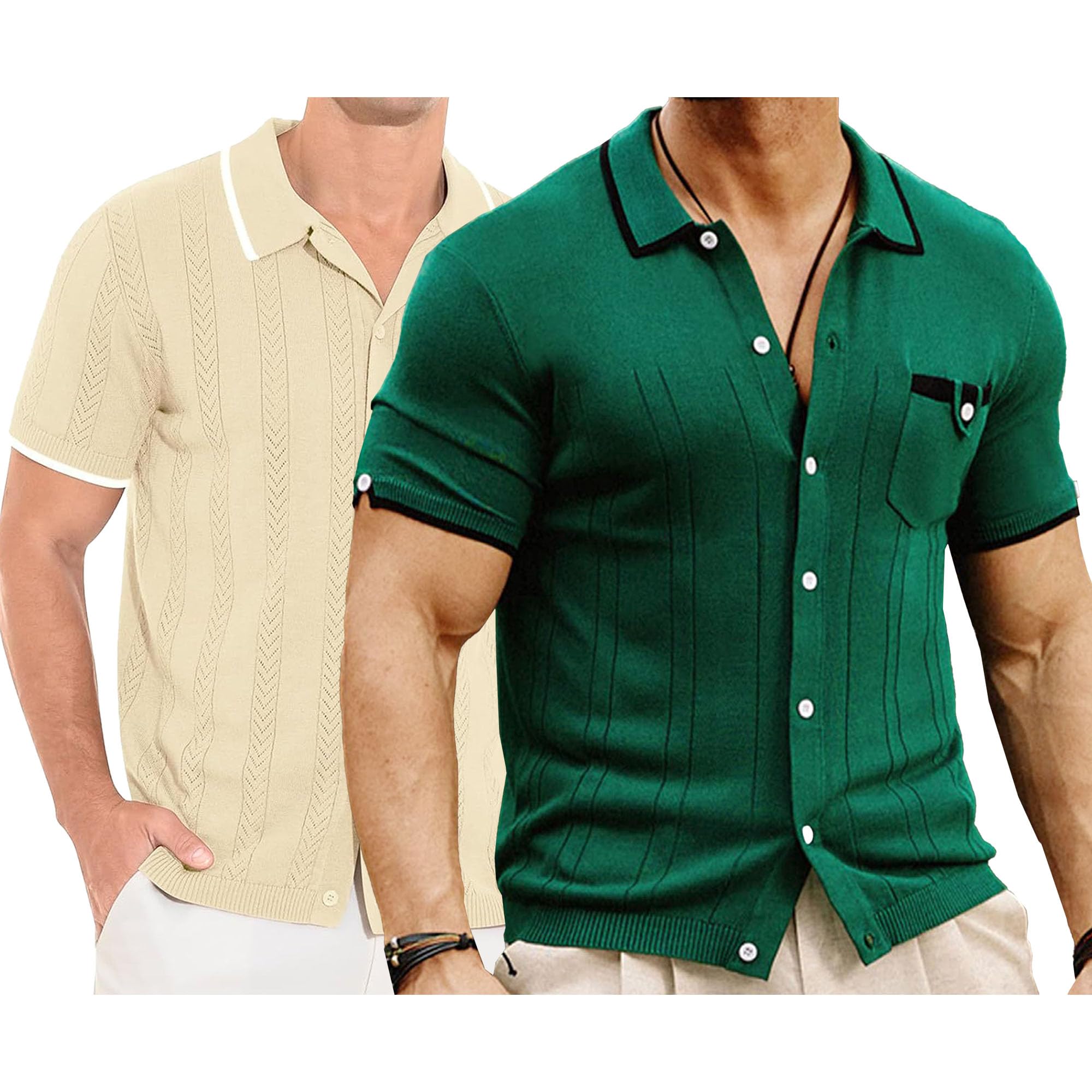 Camiseta de cuello cubano para hombre, estilo vintage, con botones, para vacaciones, de punto a rayas, para golf, playa