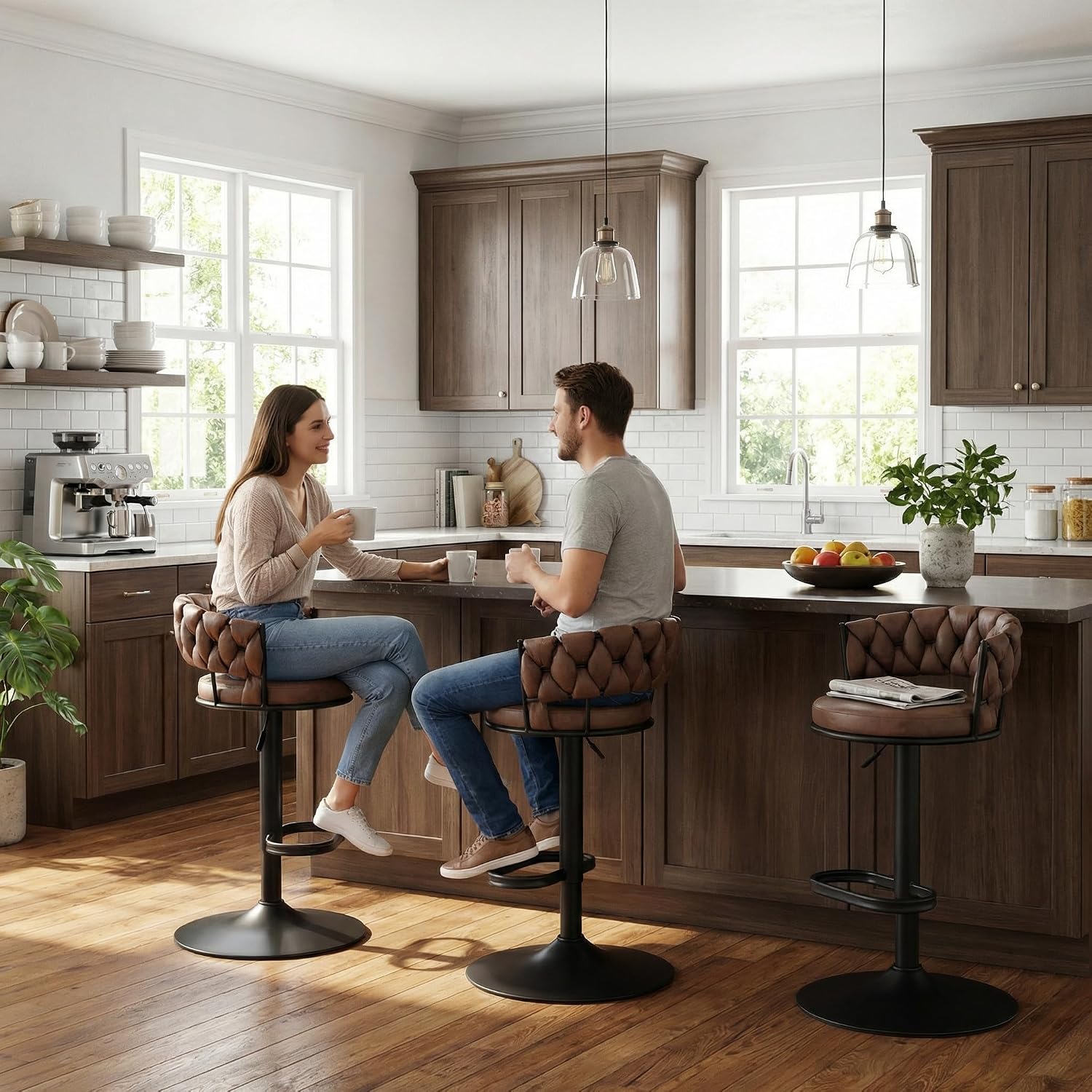 YOUNIKE Bar Stool, Height Adjustable Counter Stool with Woven Back and Armrest, Swivel Bar Chair with Footrest, Suede Fabric Upholstered Barstool for Kitchen Island & Pub, 1 pc Dark Brown