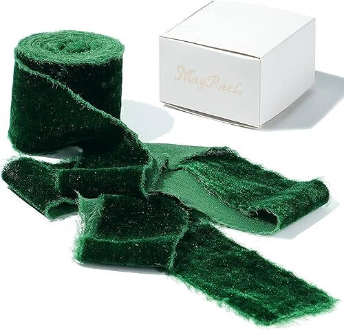Cinta de terciopelo verde de 2 pulgadas x 3 yardas, cinta de terciopelo de seda deshilachada rasgada a mano para envoltura de regalos, invitaciones,