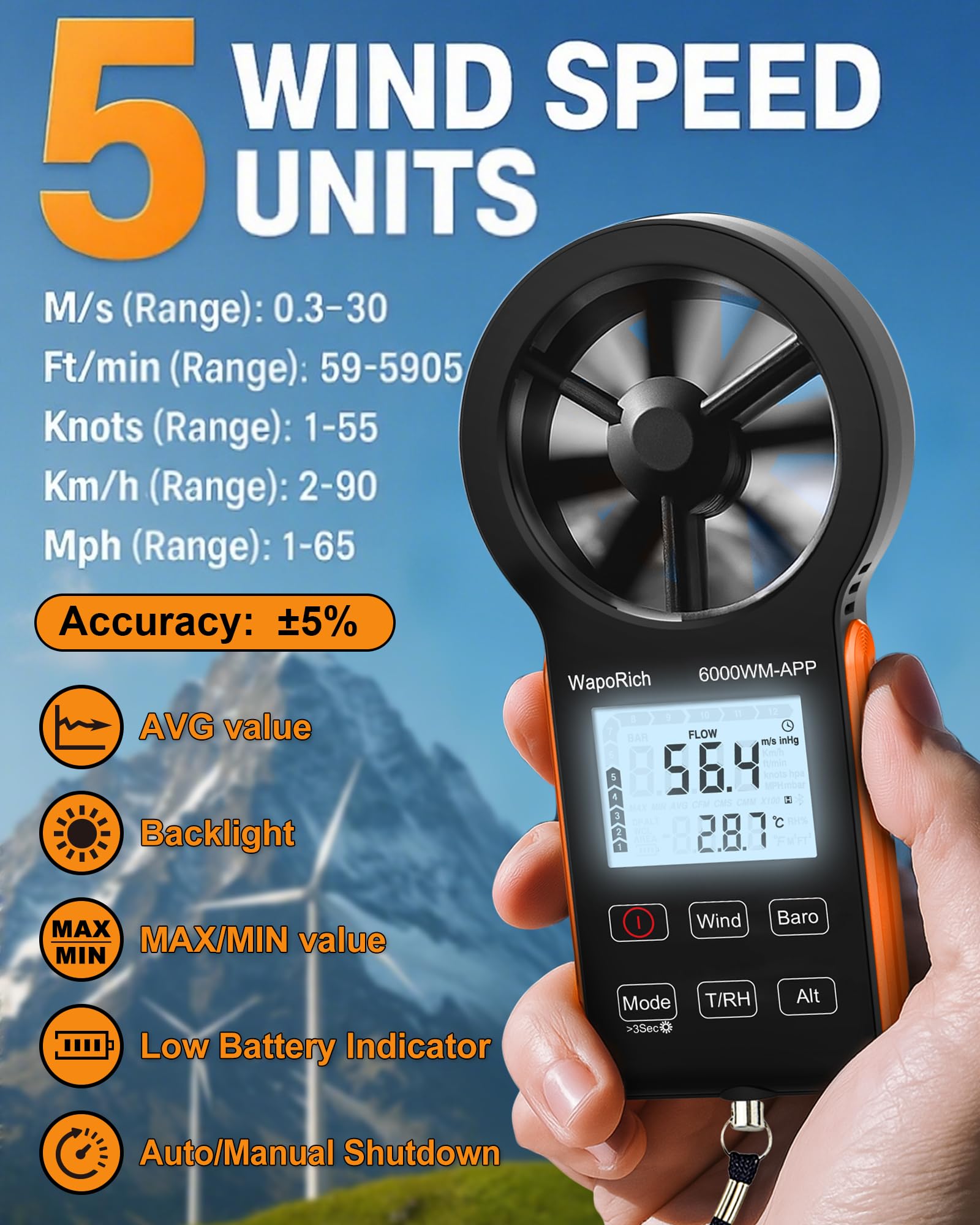 Bluetooth Anemometer, WapoRich 7-in-1 Windmesser Windmessgerät mit Luftdruck/Temperatur/Luftfeuchtigkeit/Taupunkt/Windchill/Höhenmesser App-kompatibel für HVAC, Drohnen, Segeln