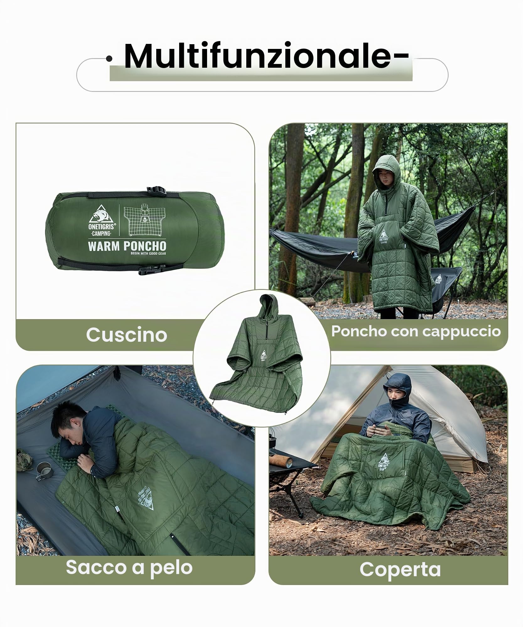 OneTigris Coperta da campeggio con isolamento Thinsulate 3M, coperta impermeabile calda, con grandi tasche, coperta con cappuccio portatile per attività all'aperto, escursionismo, viaggio