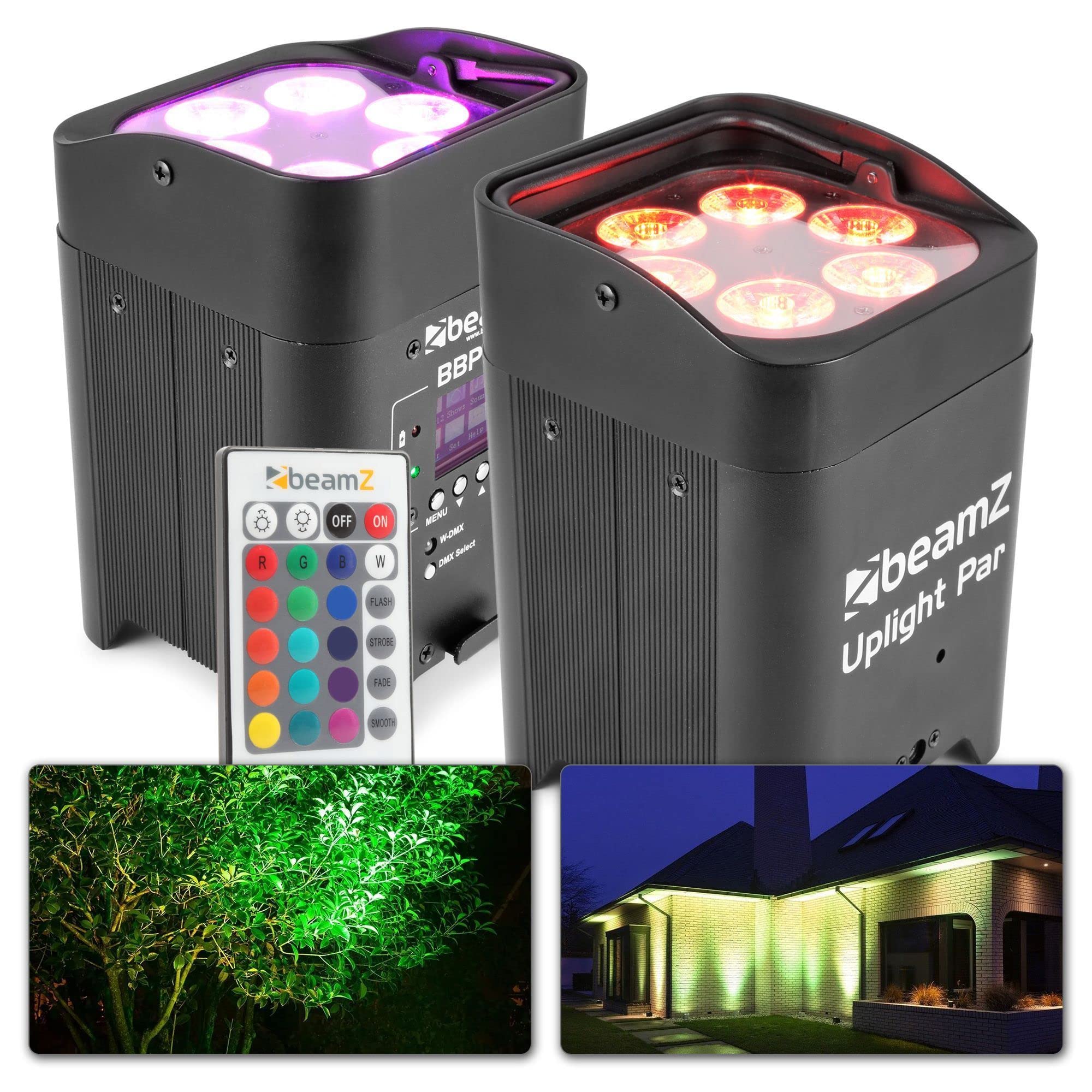 BeamZ BBP96 Uplight 2er Set Akku LED Strahler RGB AW-UV LED Par Spot. 6x12 Watt, Built-In WDMX-Receiver, 16h Akkubetrieb, 6,10 DMX Channels, 0-100% Dimmer, 7000LX, Eazy Link, LCD Display, Schwarz