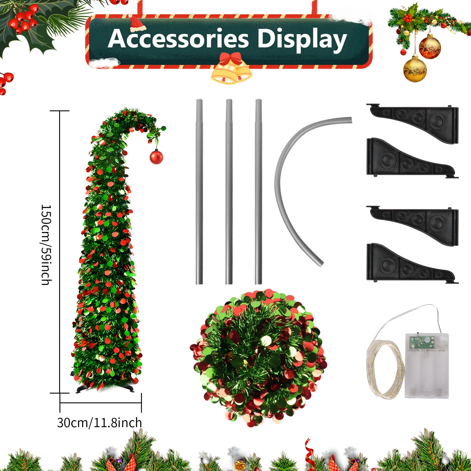 Sapin de Noël pop-up de 150 cm avec 50 lumières LED, guirlande de Noël fantaisiste pliable avec boule rouge pour Noël, maison, appartement, fête, bureau, décoration (vert)