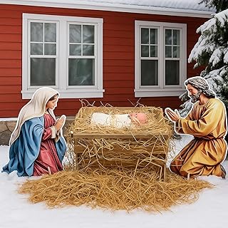 Chunful 10 Pcs Large Nativity Scene Set 19 Inch Wooden Manger Baby Jesus Holy Family with Light Nacimiento De Jesus Decor Traditional Religious Christmas Indoor Outdoor Decoration
