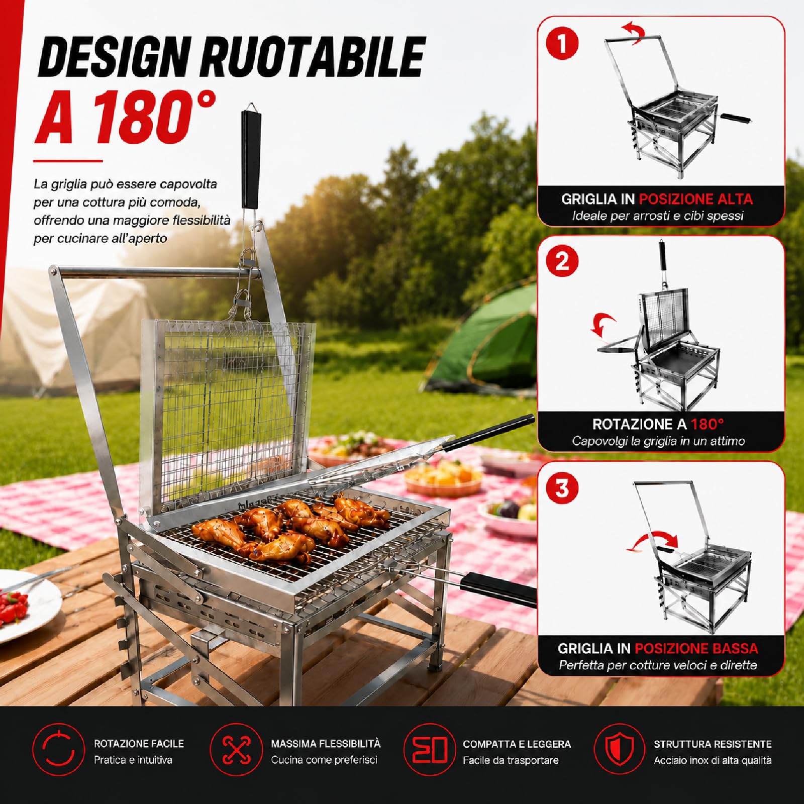 Barbecue a Carbone Girevole 180° Inox Portatile per Giardino e Campeggio | Griglia Ribaltabile a 180° con Manovella, Braciere Regolabile in Altezza, Pinza per Carne Inclusa, Facile da Montare