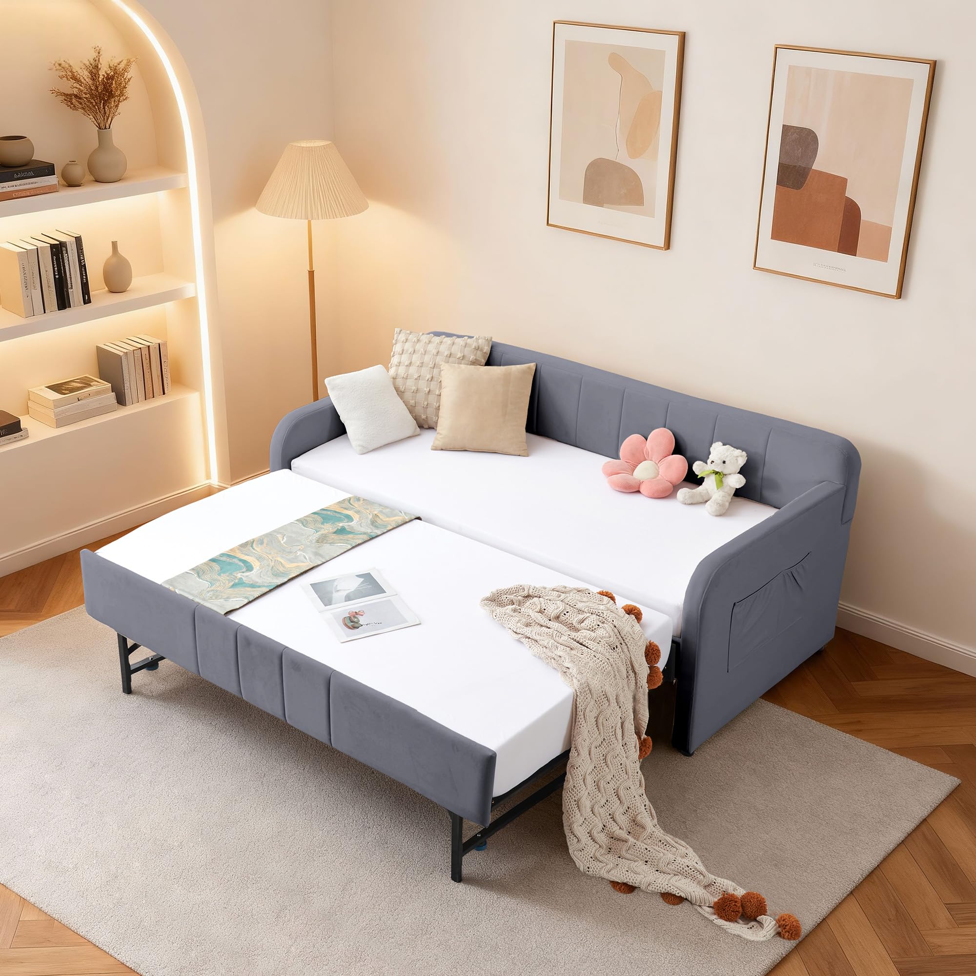 DNYN Velvet Daybed in Grey with Pop-up Trundle