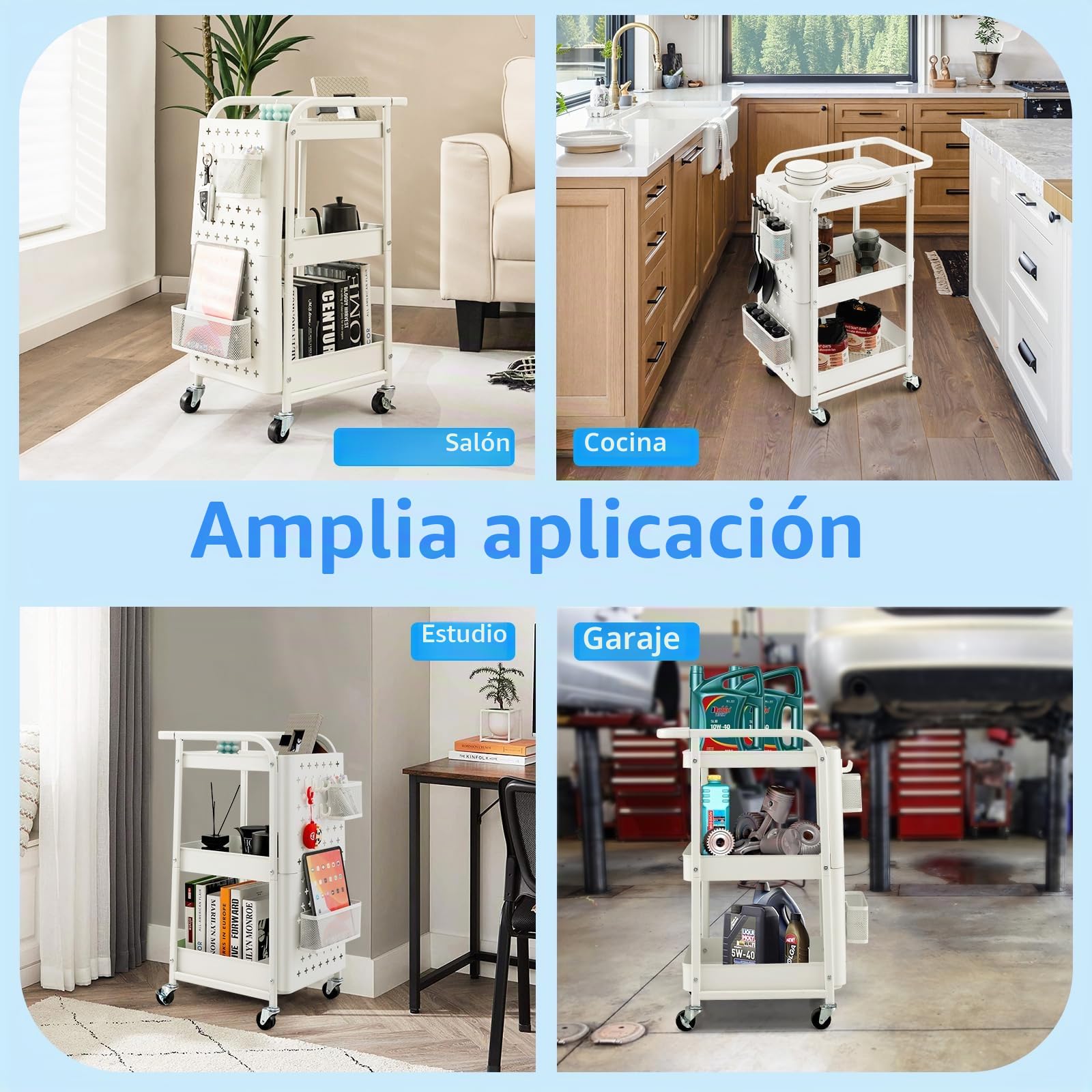 KOMFOTTEU Carro de Almacenamiento de 3 Niveles, Carrito Rodante con 2 Tablero de Clavijas, 2 Cestas y 4 Ganchos, Carro de Servicio de Metal para Cocina, Baño, Oficina, 52 x 33 x 75 cm (Blanco)