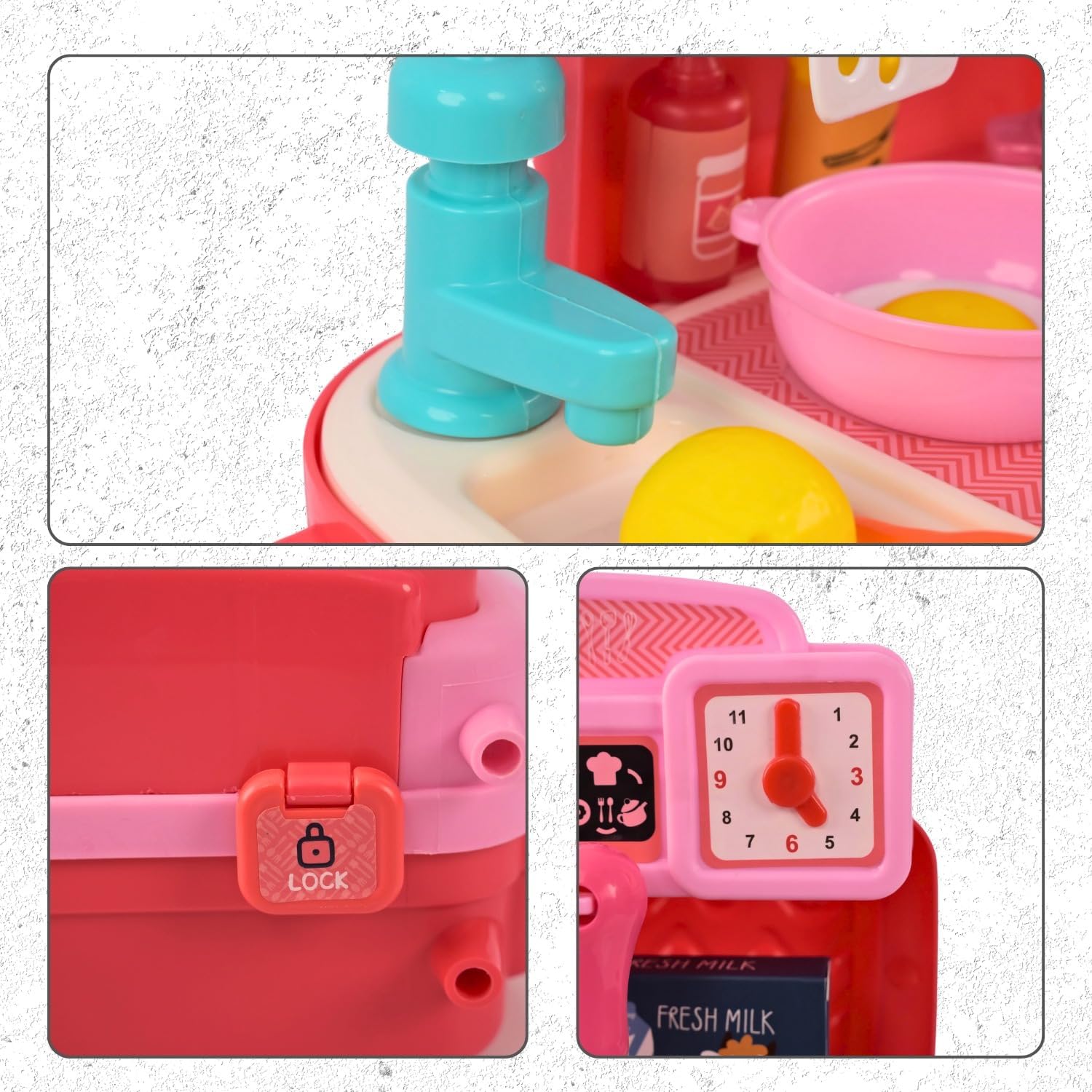 Cojuz Kitchen Sink Play Set with Automatic Water Cycle System Pretend Electric Dishwasher with Running Water Kitchen Sink Toys with Accessories for Kids (School Bag Pink) 3