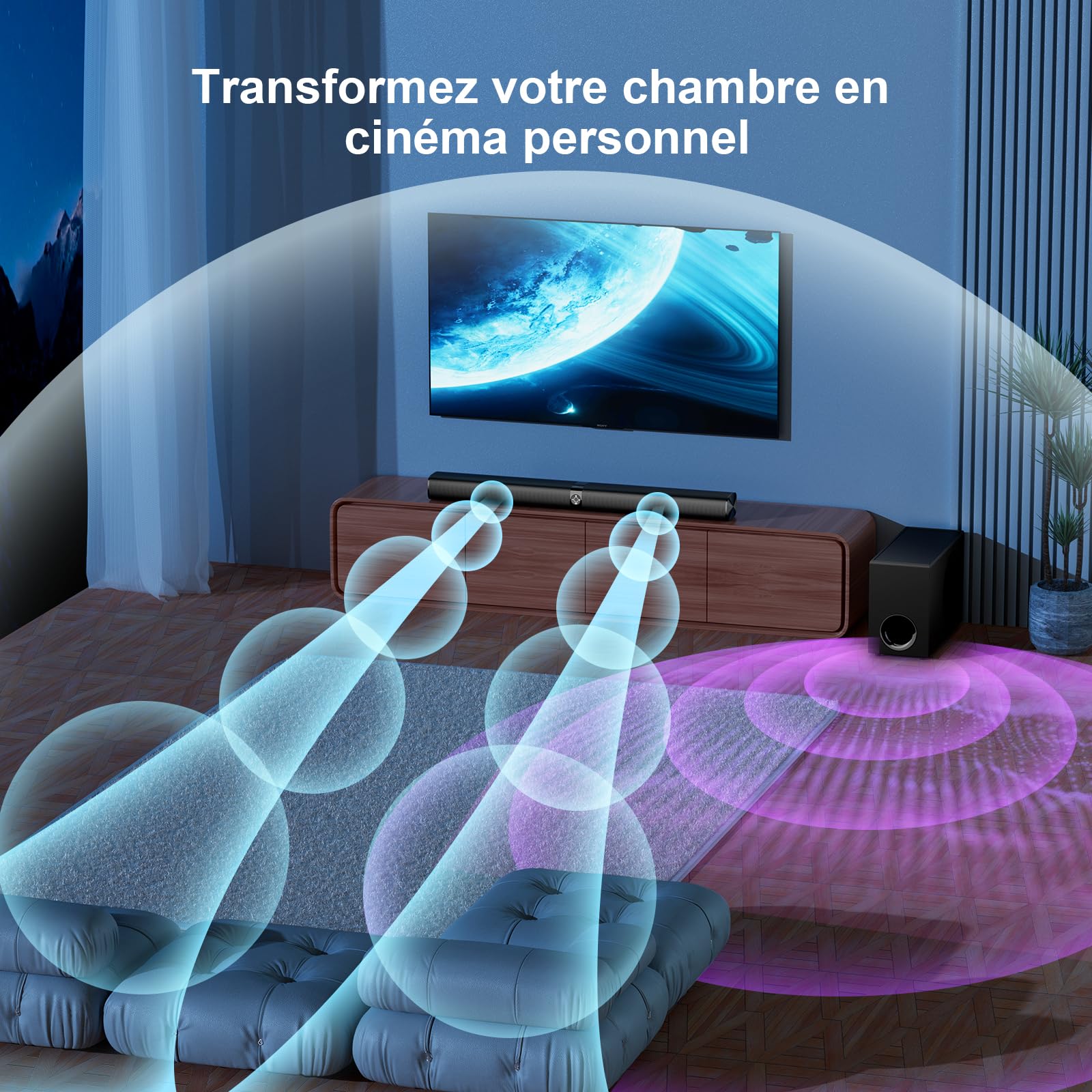 GarageRock Barre de Son pour Téléviseur avec Caisson de Basses, 110W Home Cinema avec Deep Bass&Volume Boost&3 Modes d'égalisation, Bluetooth 5.3/Arc/Opt/AUX, Surround System pour TV/PC/Projecteur
