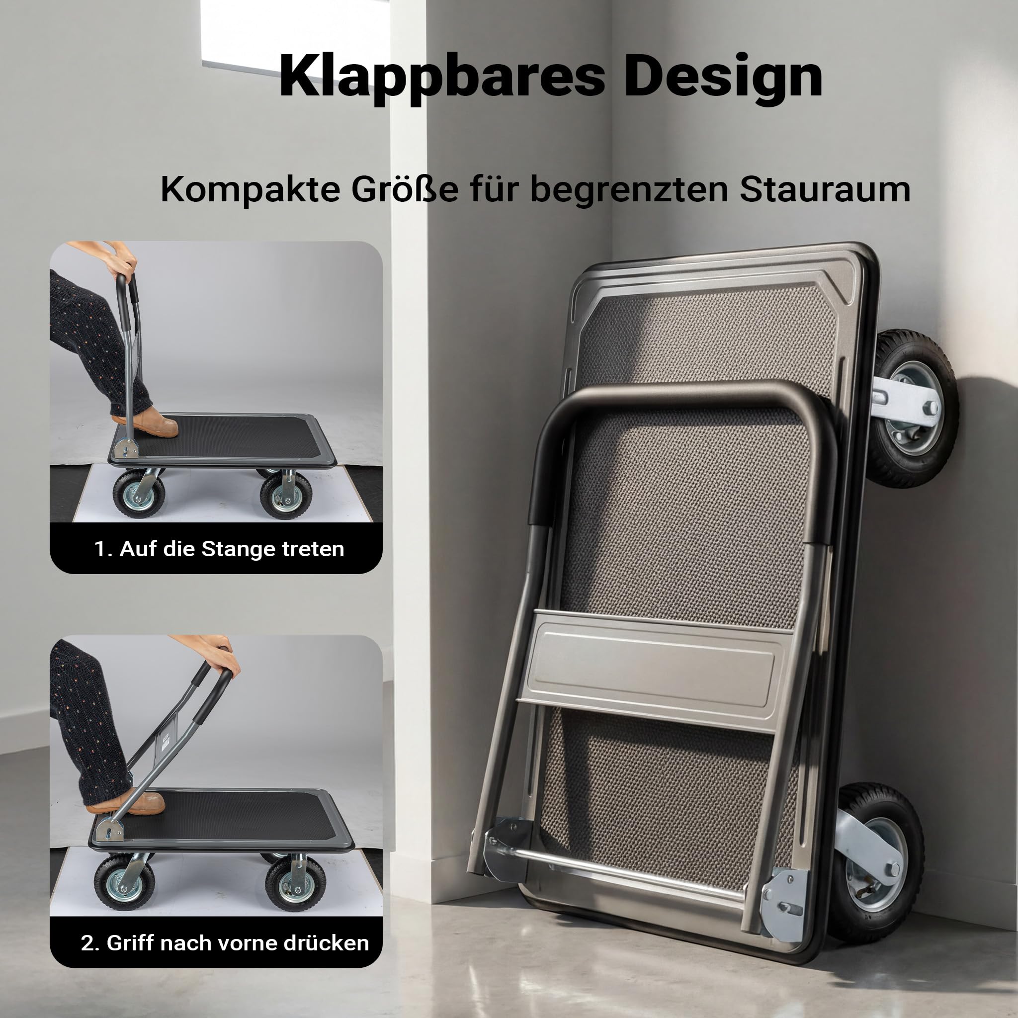 Wiltec Wózek transportowy platformowy 300 kg, składany wózek magazynowy 895x610x985 mm, ręczny wózek z pompowanymi kołami i antypoślizgową platformą