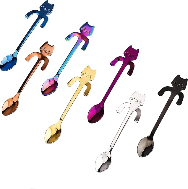 MengH-SHOP Cat Coffee Spoon Stainless Steel Hanging Cup Teaspoons Mini Cute Kitten Design Stirring Spoon for Tea, Dessert, Drink, Mixing Milkshake 7 Pieces (Multicolor)