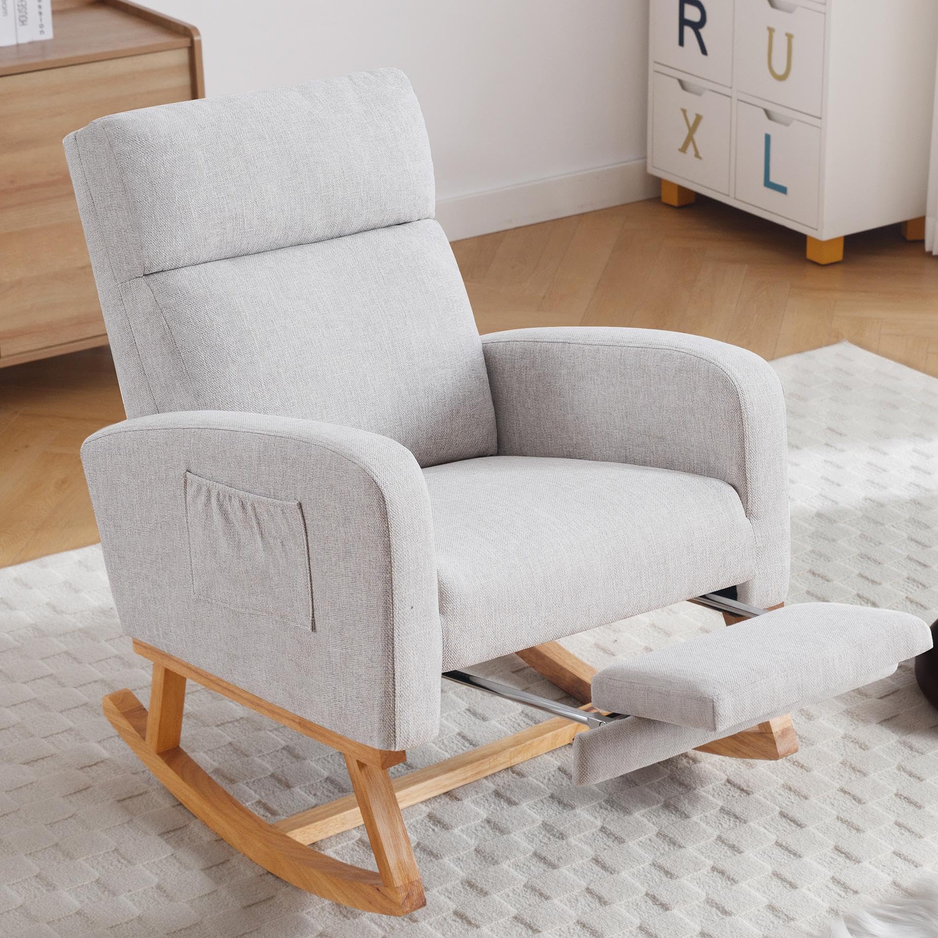 Rocking Chair Nursery, Nursing Rocking Chairs with Foot Rest for Mom Breastfeeding, Rocker Glider Chair with High Backrest for Living Room, Bedroom, Light Gray