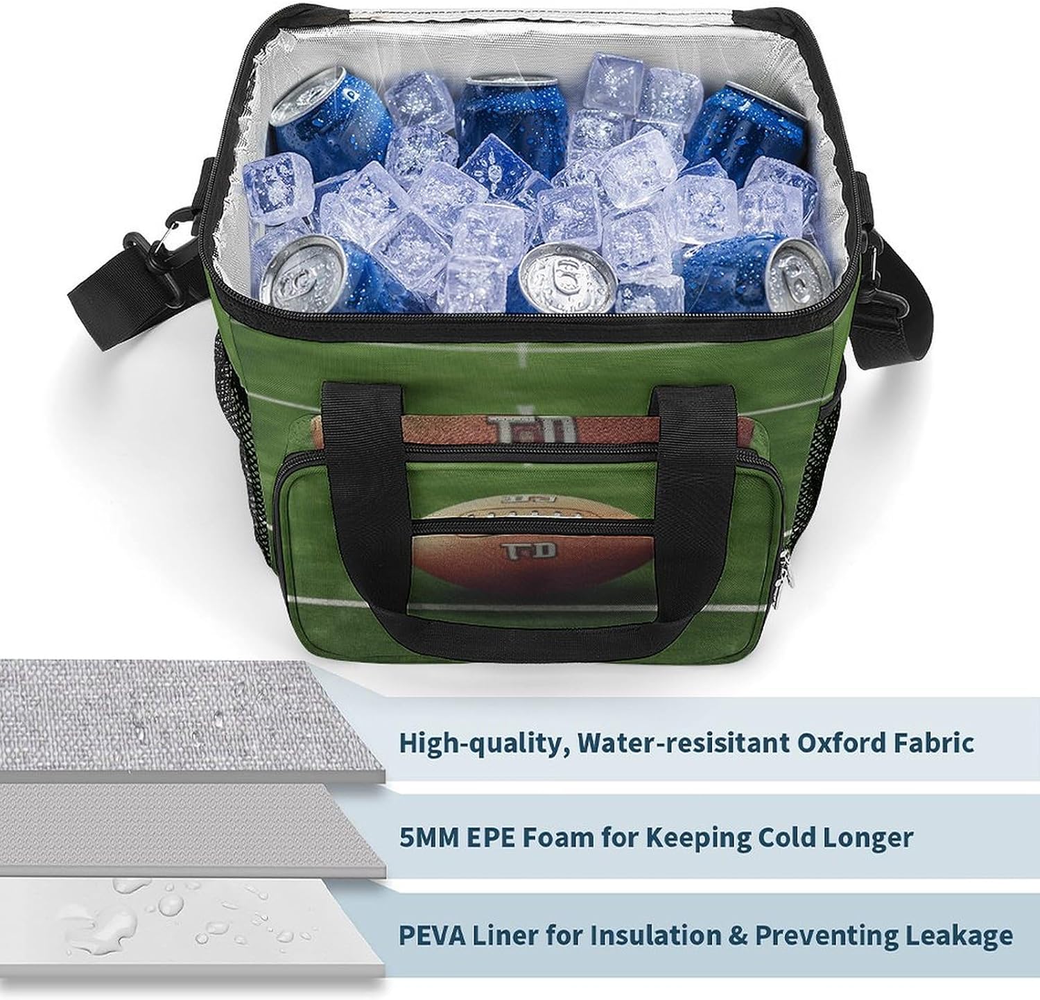 Camping Ice Pack, American Football Field Ball Sport Print Cooler Bag, 22.5L Large Capacity Insulated Lunch Tote Bag for Outdoor, Picnic, BBQ, Travel, Work