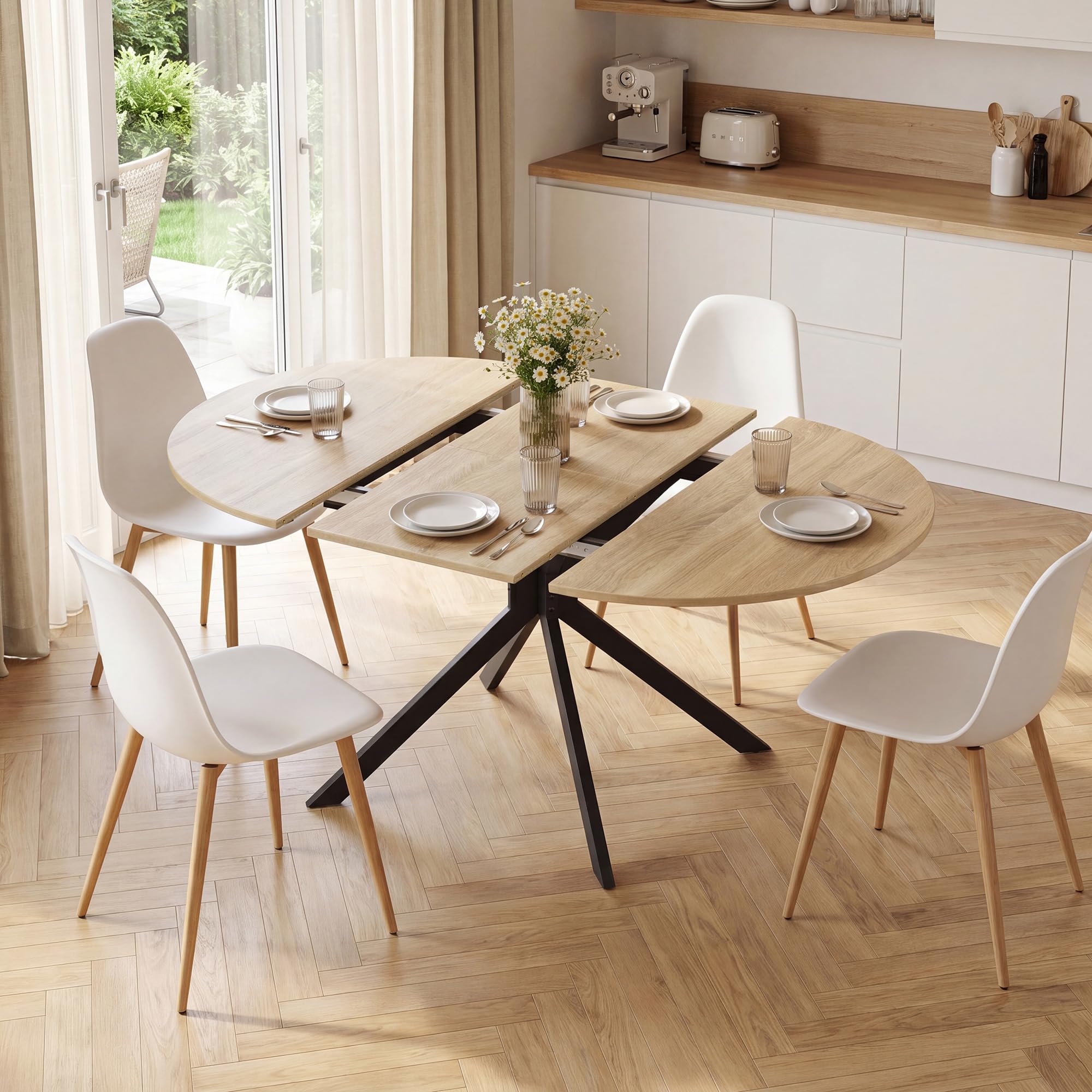 APICIZON Mesa Comedor Extensible, 110-150 x 76 cm Mesa Comedor, Roble | Mesa Redonda Extensible para 4 a 6 personas, Patas Cruzadas Robustas, Mesa de Comedor para el comedor y la cocina