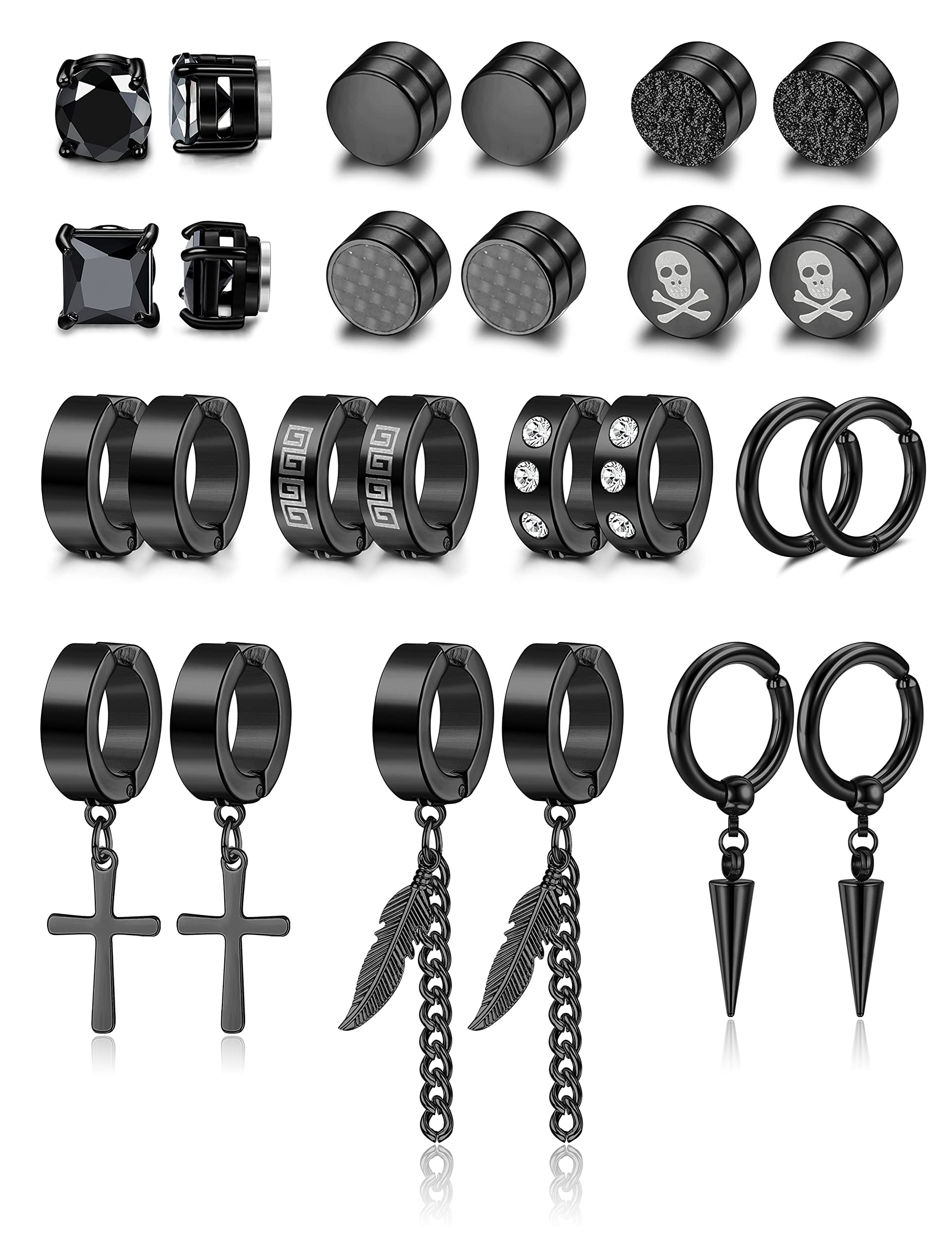 CASSIECA 13 Pares Pendientes Iman para Hombre Mujer Pendiente Falso Acero Inoxidable Pendientes Clip