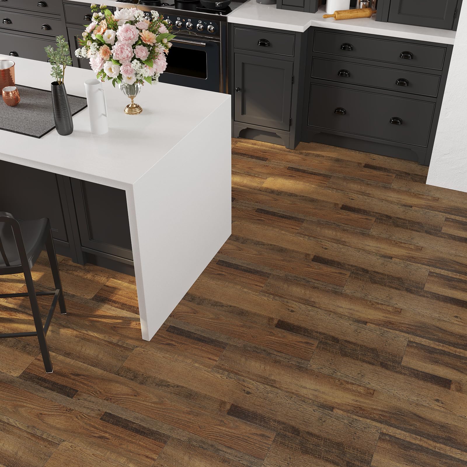 VEELIKE Azulejos de vinilo de roble autoadhesivo impermeable de color marrón quemado, paquete de 16 unidades de 24 pies cuadrados, suelo de vinilo laminado de madera para cocina, baño, dormitorio