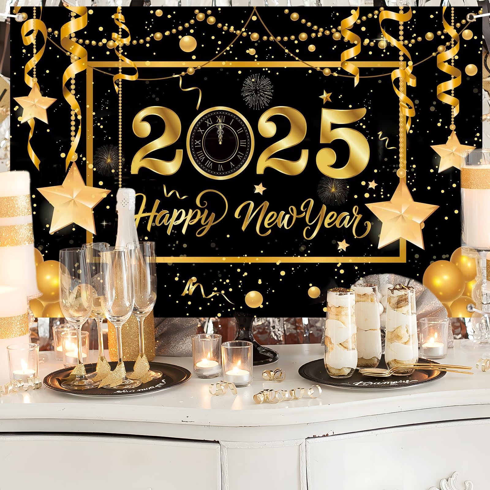 2025 New Year's Eve Decoration Large Happy New Year Banner 2025 Happy New Year Decorations Banner New Years Backdrop Decoration for New Year Indoor and Outdoor Decoration (180 x 110 cm),Black Gold B - Image 2