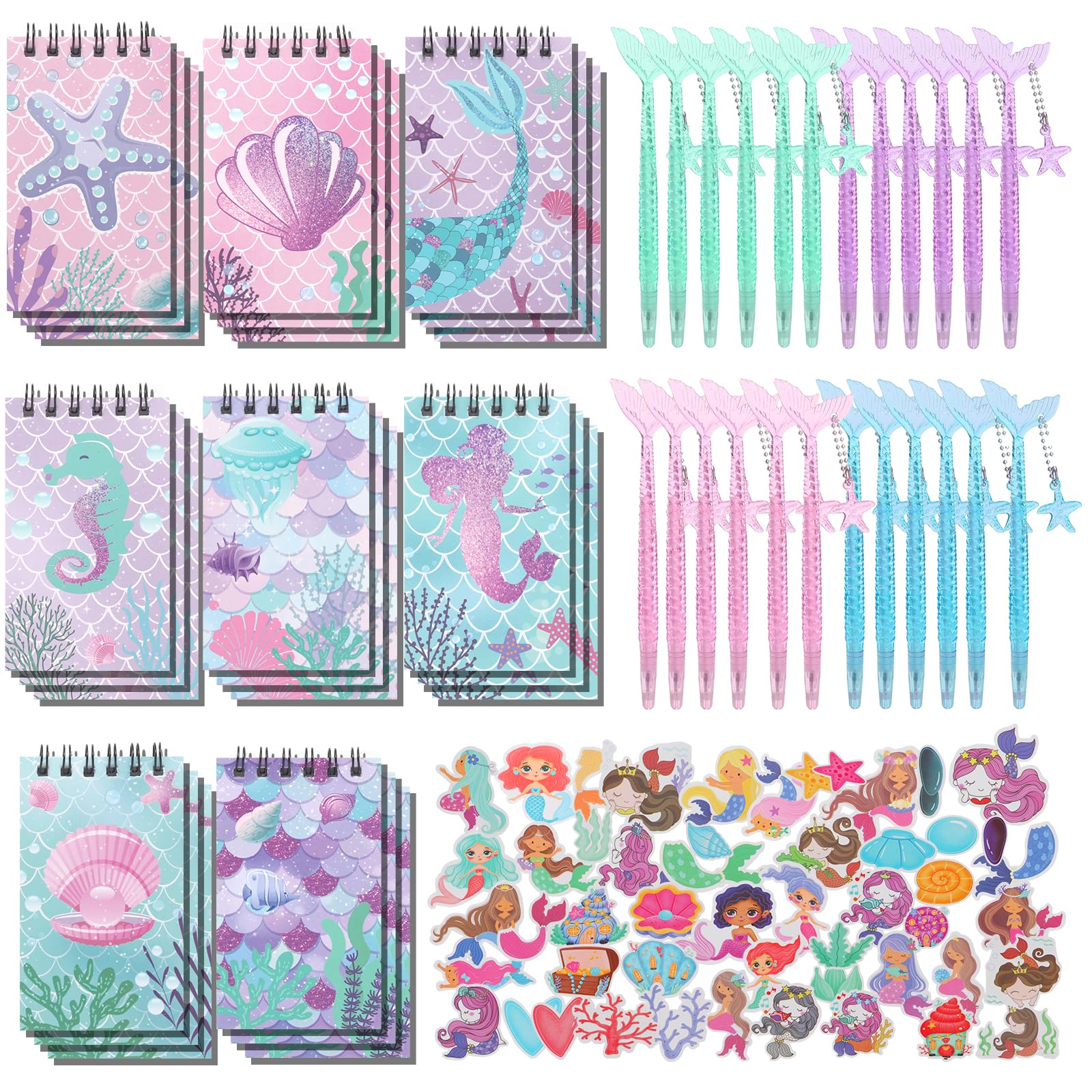 LiYiQ 148 Pcs Mermaid Mini Spiral Notepads Mermaid Pens Stickers Set for PET Birthday Classroom School Reward Gift Prizes Goodie Bags Stuffers