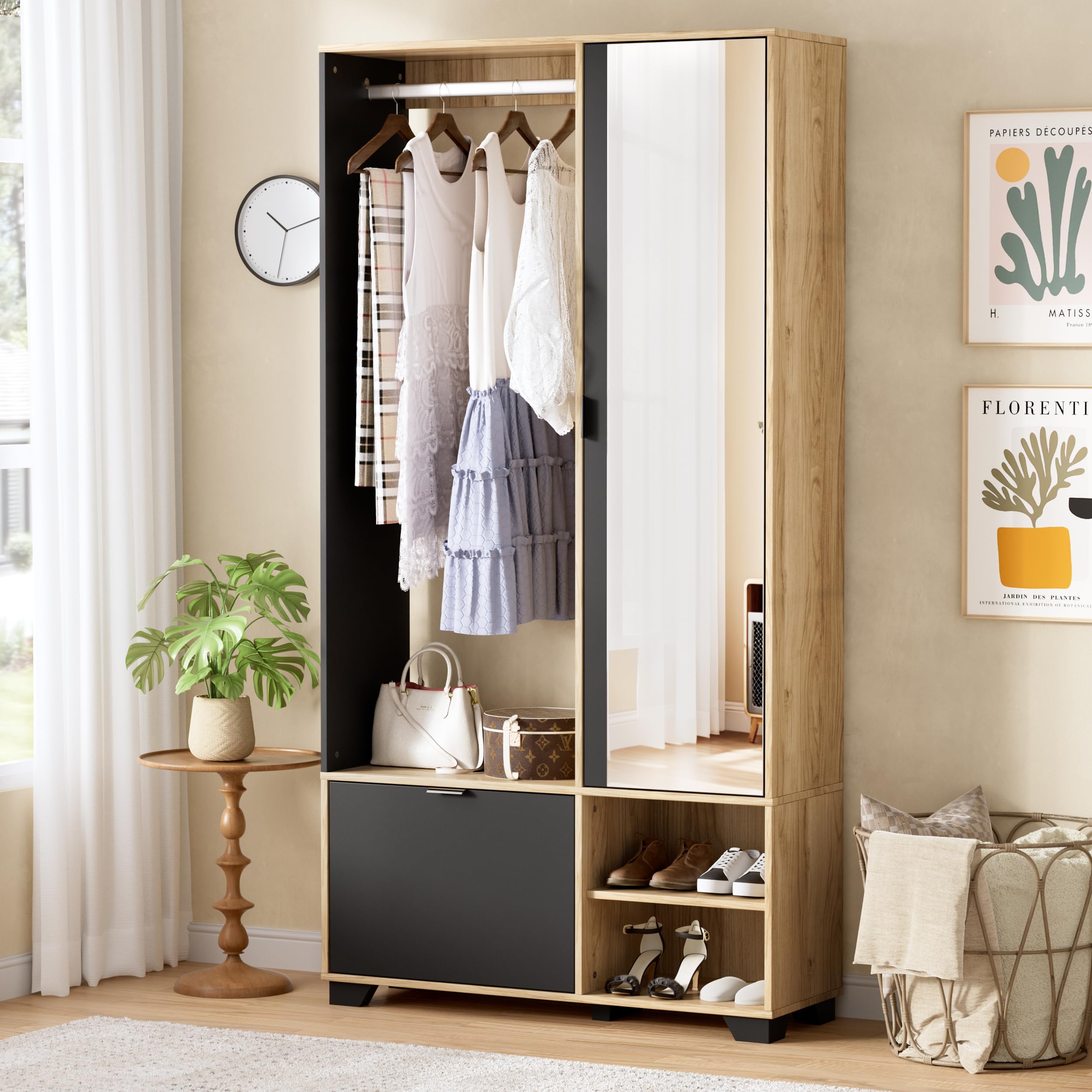 MSFE Armario Entrada con 144cm Espejo, Conjunto de Armario/Perchero con Barra, Zapatero y Compartimentos,Juego de Perchero,Mueble de entrad,No es Necesario Hacer Agujeros,100L x 33W x 190Hcm