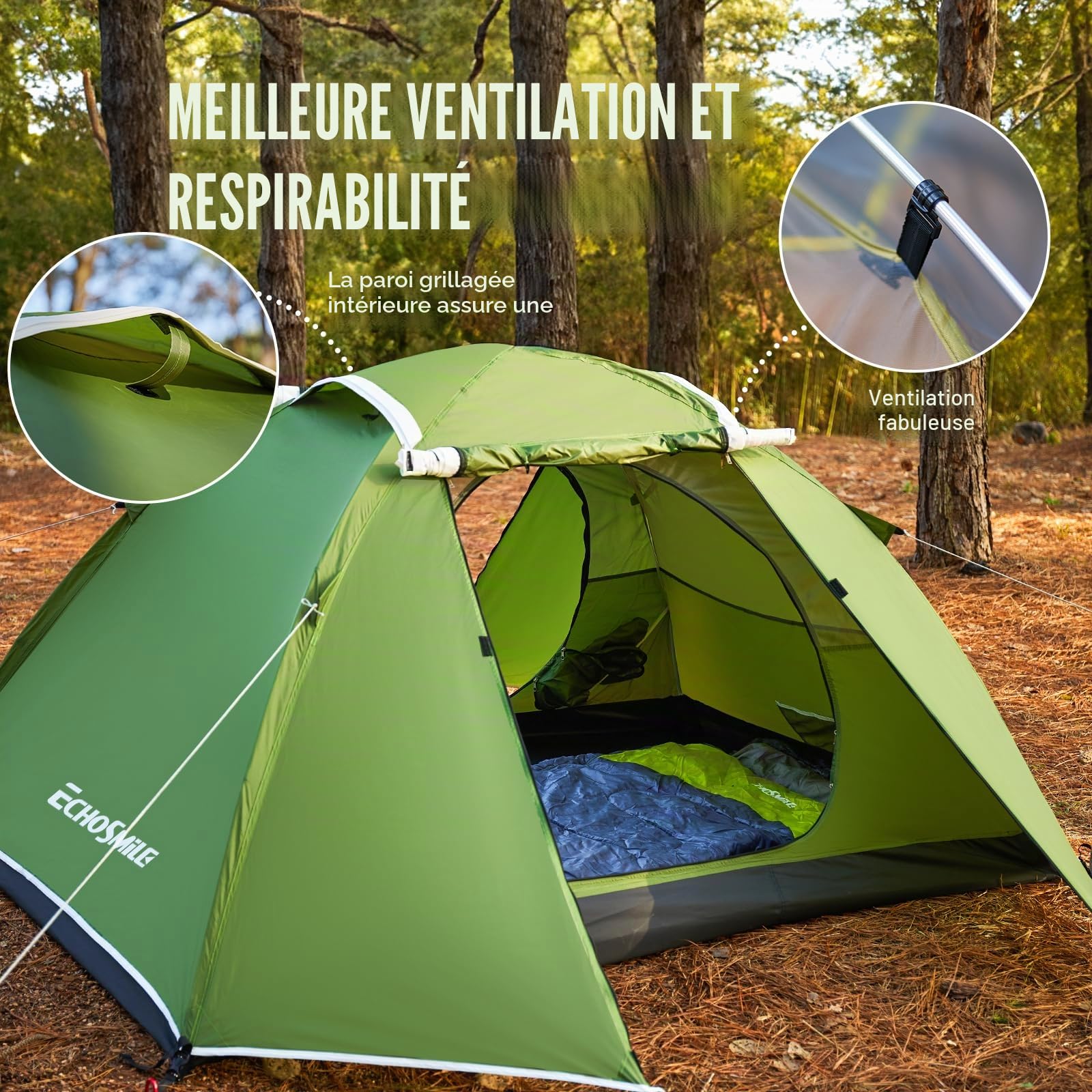 EchoSmile Tente de Camping, 2/3 Personnes Ultra Légère Tente Facile à Installer, 4 Saison Imperméable Ventilée pour Trekking Randonnée Camping