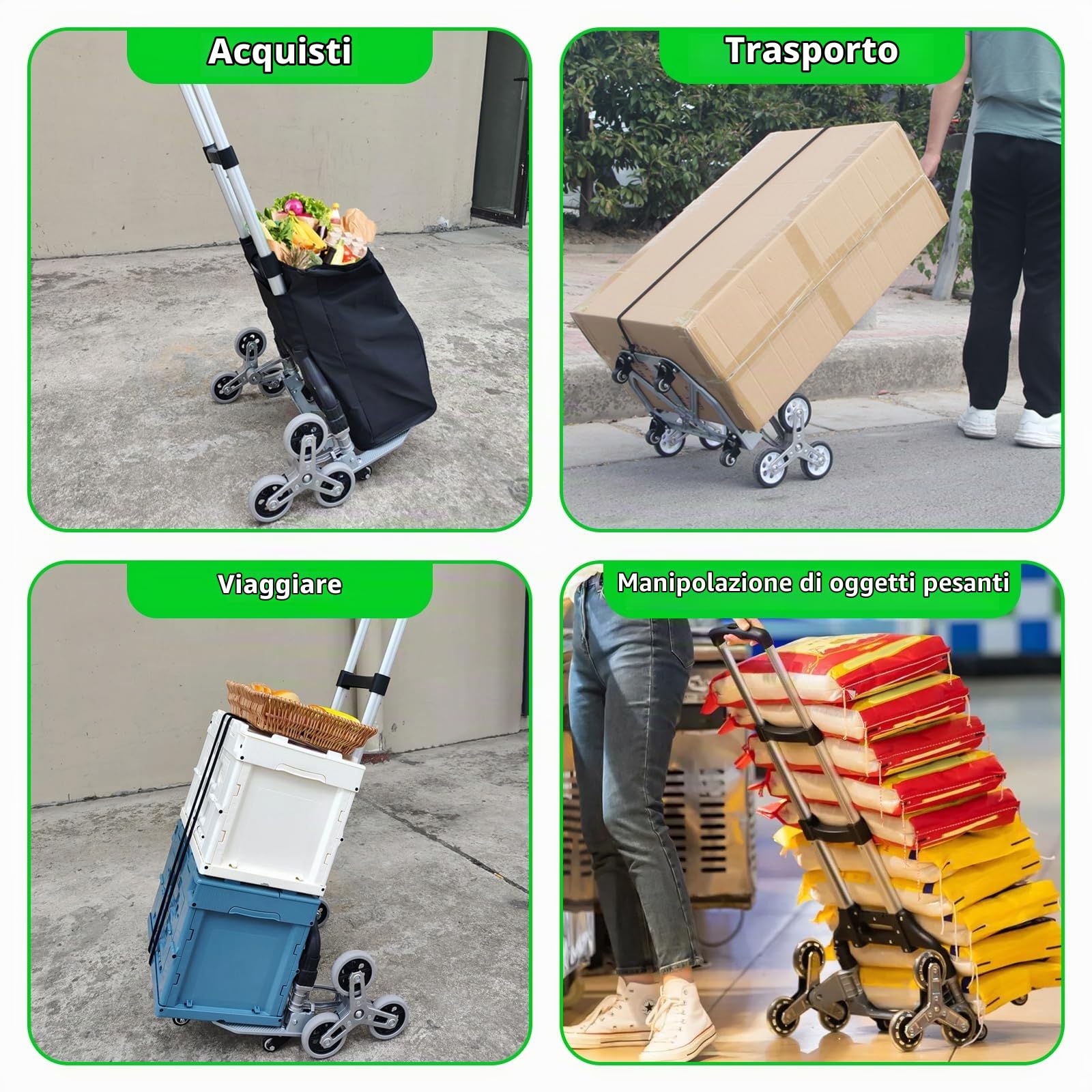 Carrello Saliscale Pieghevole, per Salire le Scale, Traslocare, Trasportare | Con Quattro Ruote Piccole Universali Girevoli a 360° e 2 Ruote di Cristallo, Maniglia Regolabile Fino a 100 kg