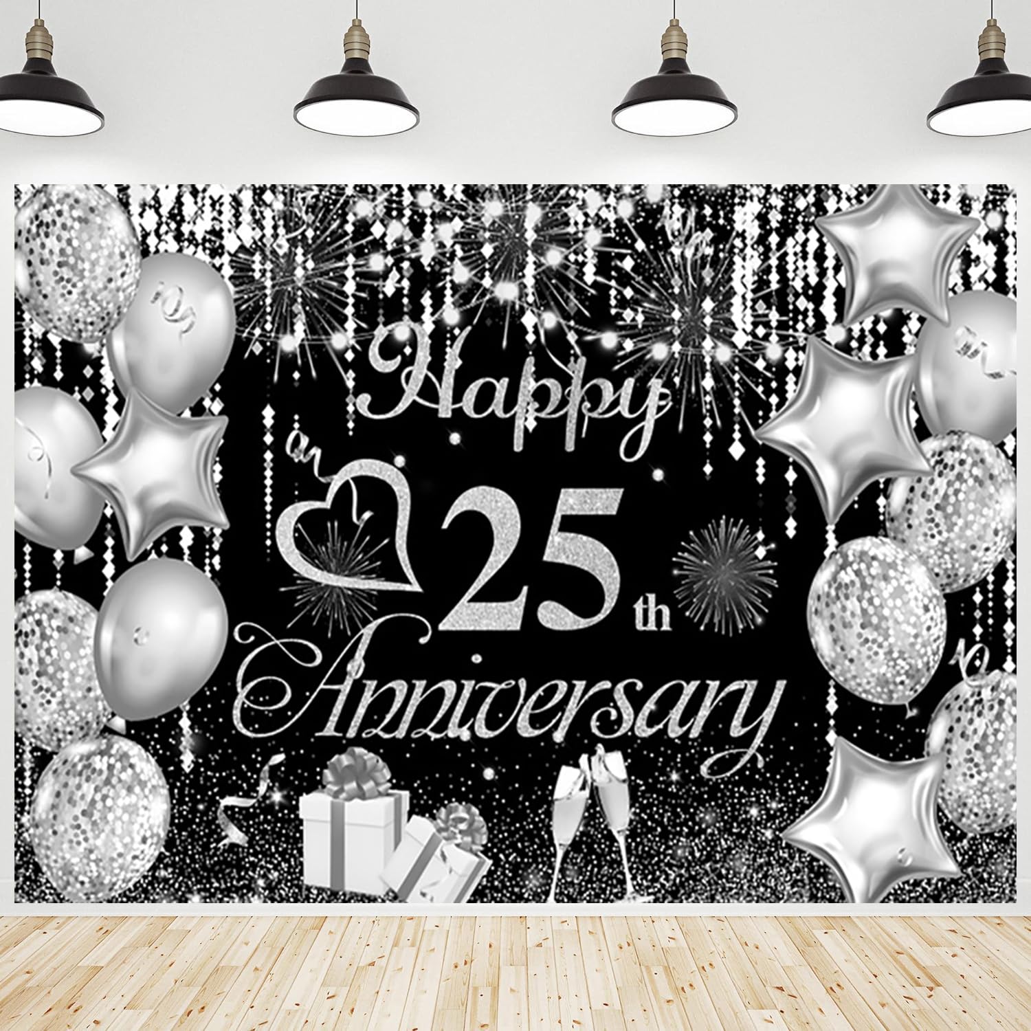 CRTPOD Happy 25th Anniversary Backdrop Glitter Silver Black Balloons Ribbons Background Photography Banner for Wedding Anniversary Birthday Party
