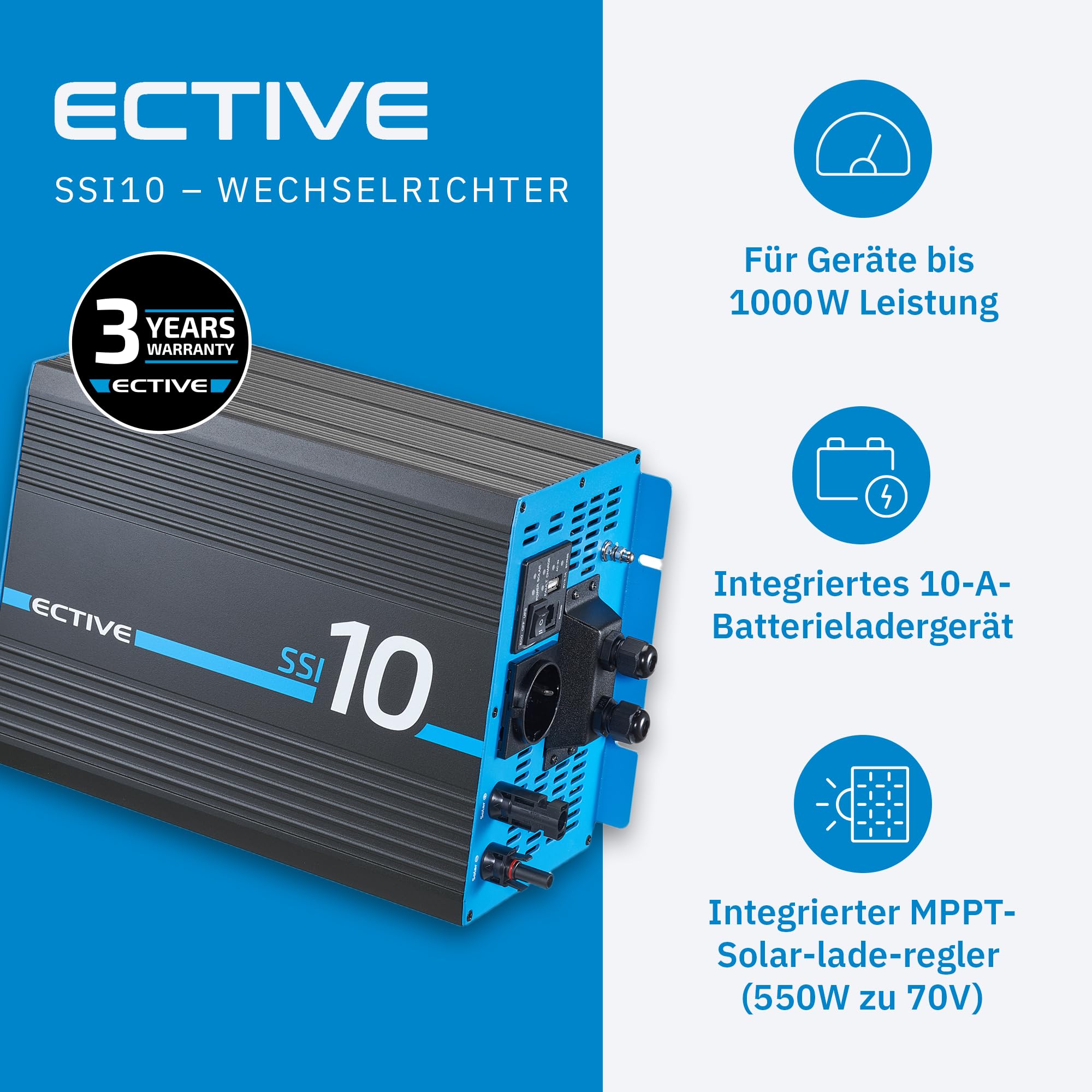 ECTIVE - Wechselrichter 12V auf 230V SSI 10-1000W reine Sinuswelle - Spannungswandler DC/AC mit USB, Überlast- & Überhitzungsschutz, NSV & USV Funktion, MPPT-Solarladeregler & 20A Batterieladefunktion