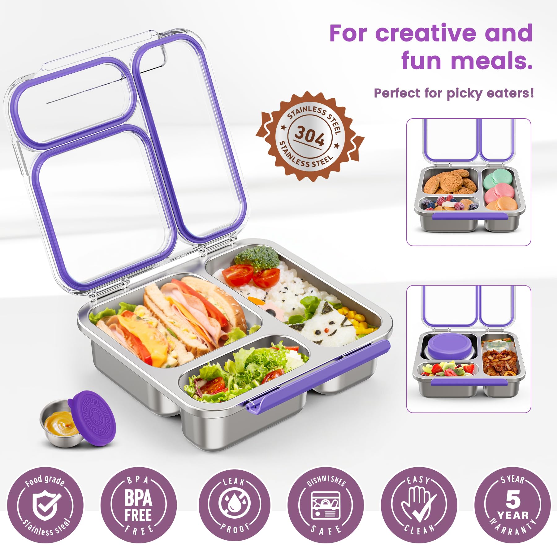 Fiambrera de Acero Inoxidable Adulto Niño con 200ml Termo para Comida, Bento Box para Niños con 3 Compartimentos y Recipiente para Salsas, Lunch Box para Oficina, Colegio y Picnic, sin BPA, Morado