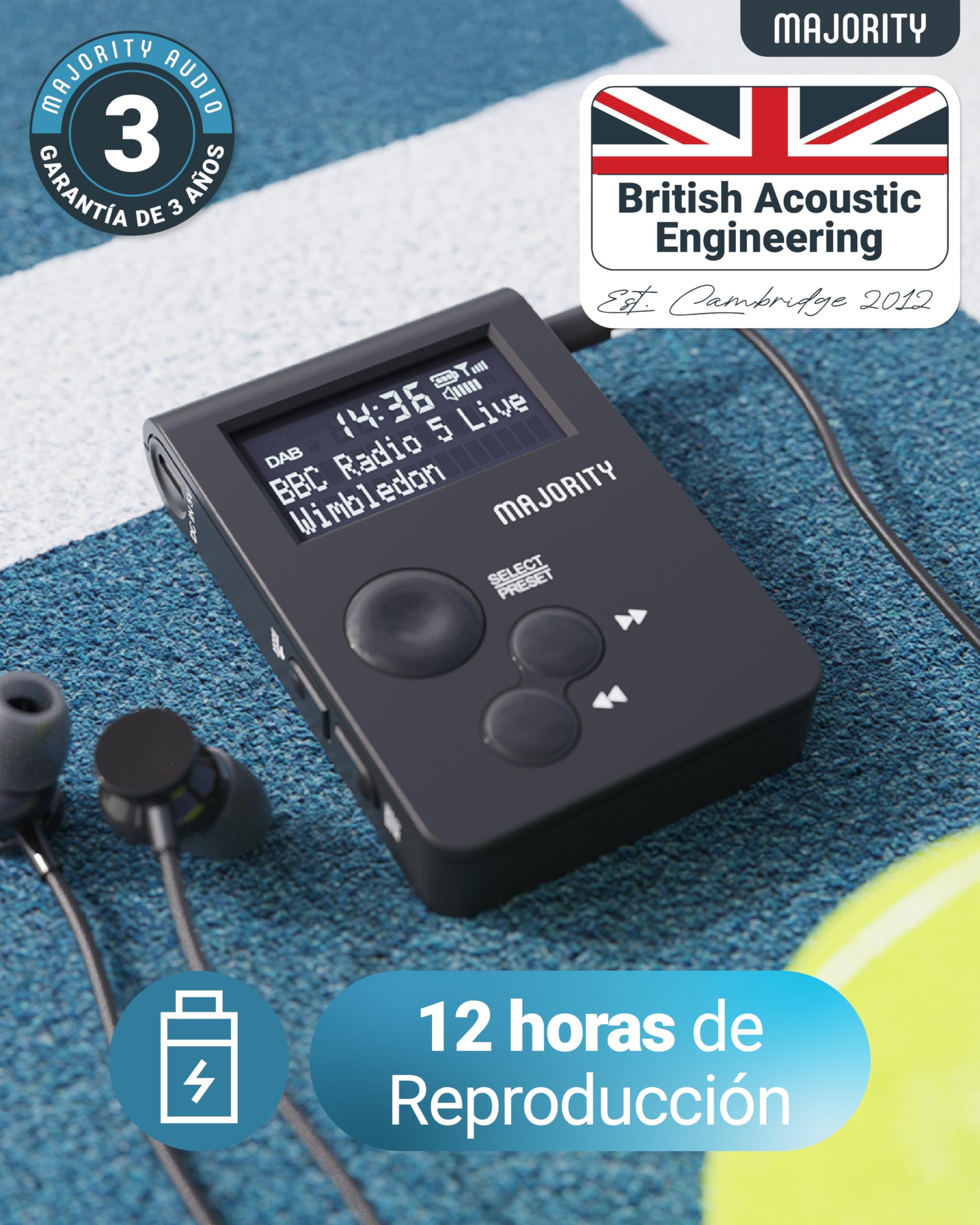 Radio Dab Portátil de Bolsillo | Radio FM Personal con Clip Deportivo y Botones Bloqueables | Batería Recargable de 12 Horas y | Carga USB y Auriculares Incluidos | MAJORITY Petersfield Go